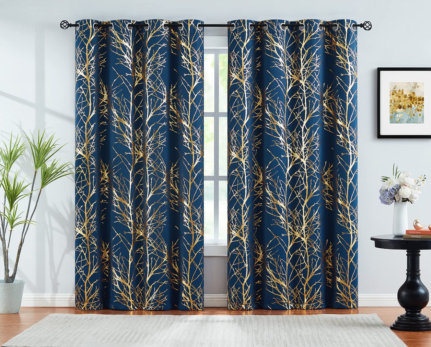 FMFUNCTEX Gold Blue Tree Blackout Curtains for Bedroom Living Room 63inch Foil Print Thermal Insulated Window Drapes Sparkling M
