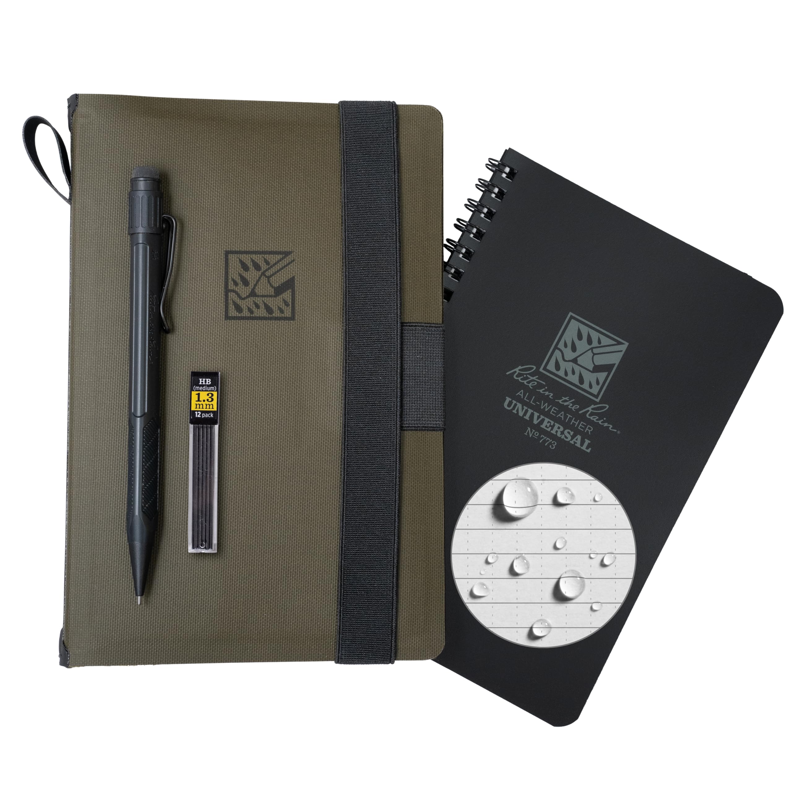 Rite In The Rain Weatherproof Side Spiral Kit: Tpu Fabric Cover, 4.625' X 7' Black Notebook, And Tough Mechanical Pencil (No.