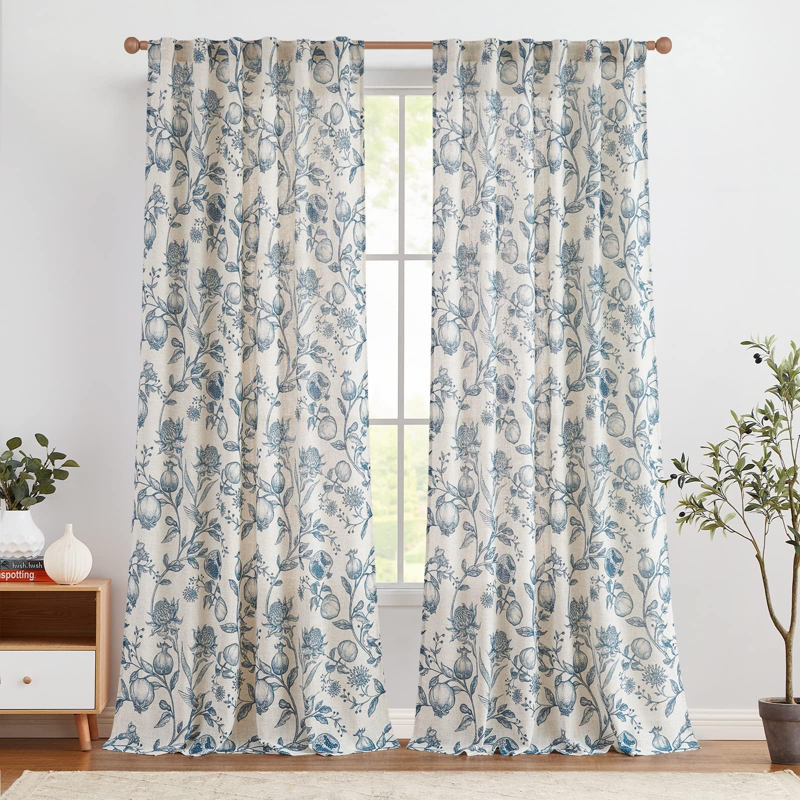 Jinchan Linen Curtains Floral Curtains For Living Room 84 Inch Long Blue French Curtains Rod Pocket Light Filtering Toile Print