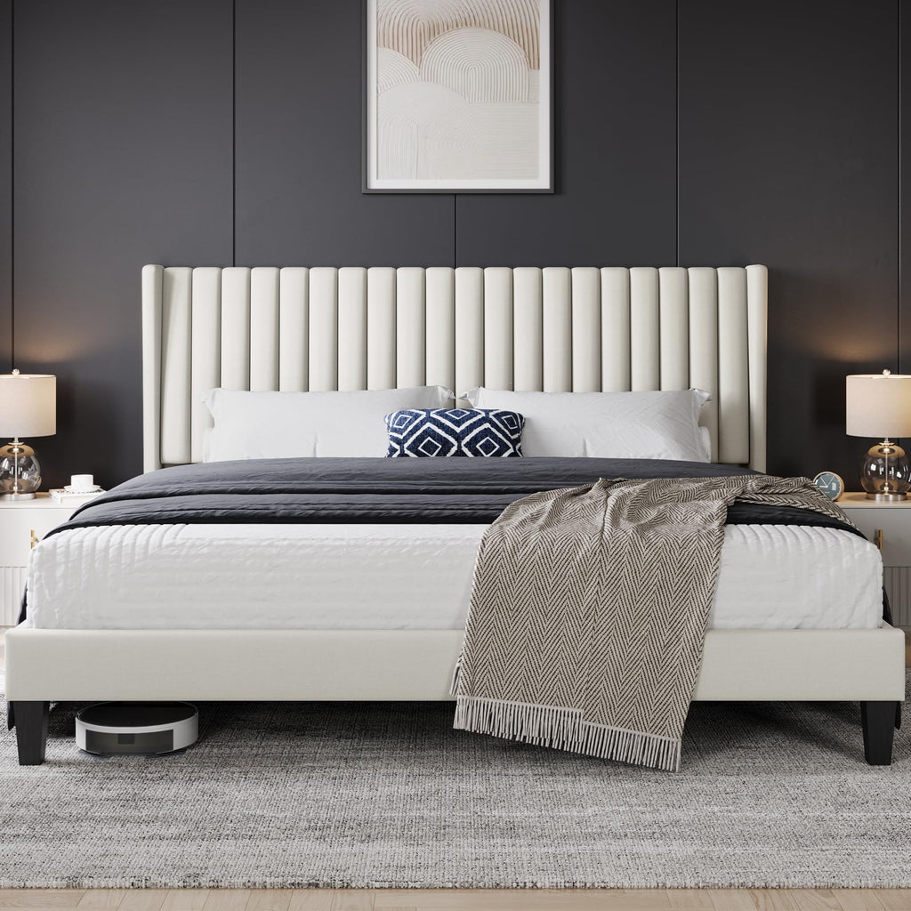 Yaheetech King Bed Frame Upholstered Platform Bed With Fabric Headboard, Wing Edge Design/Non-Slip And Noise-Free/Wooden Slats Support/No Box Spring Needed/Easy Assembly, Beige King Bed