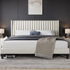 Yaheetech King Bed Frame Upholstered Platform Bed With Fabric Headboard, Wing Edge Design/Non-Slip And Noise-Free/Wooden Slats Support/No Box Spring Needed/Easy Assembly, Beige King Bed