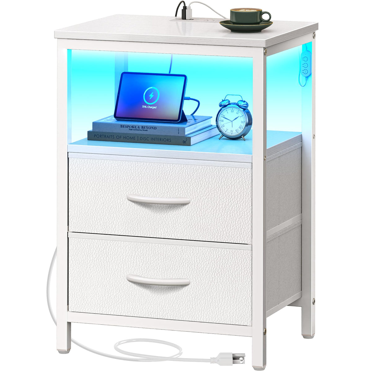 Huuger Night Stand With Charger Station And Led Lights, 2 Drawer Nightstand, Bed Side Table With Open Shelf, End Table, Fabric Dresser For Bedroom, Pu Leather, White