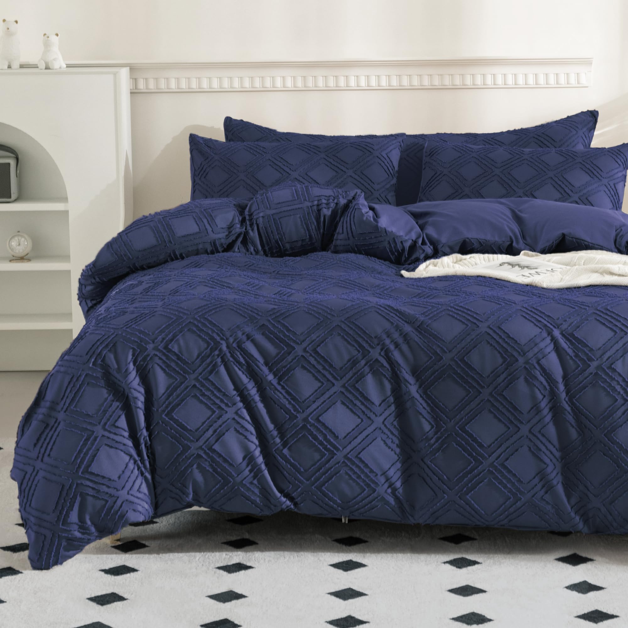 Jellymoni Navy Blue Duvet Cover King Size - 3 Pcs Microfiber Tufted Duvet Cover Set, Boho Textured Duvet Cover Jacquard Rhombus
