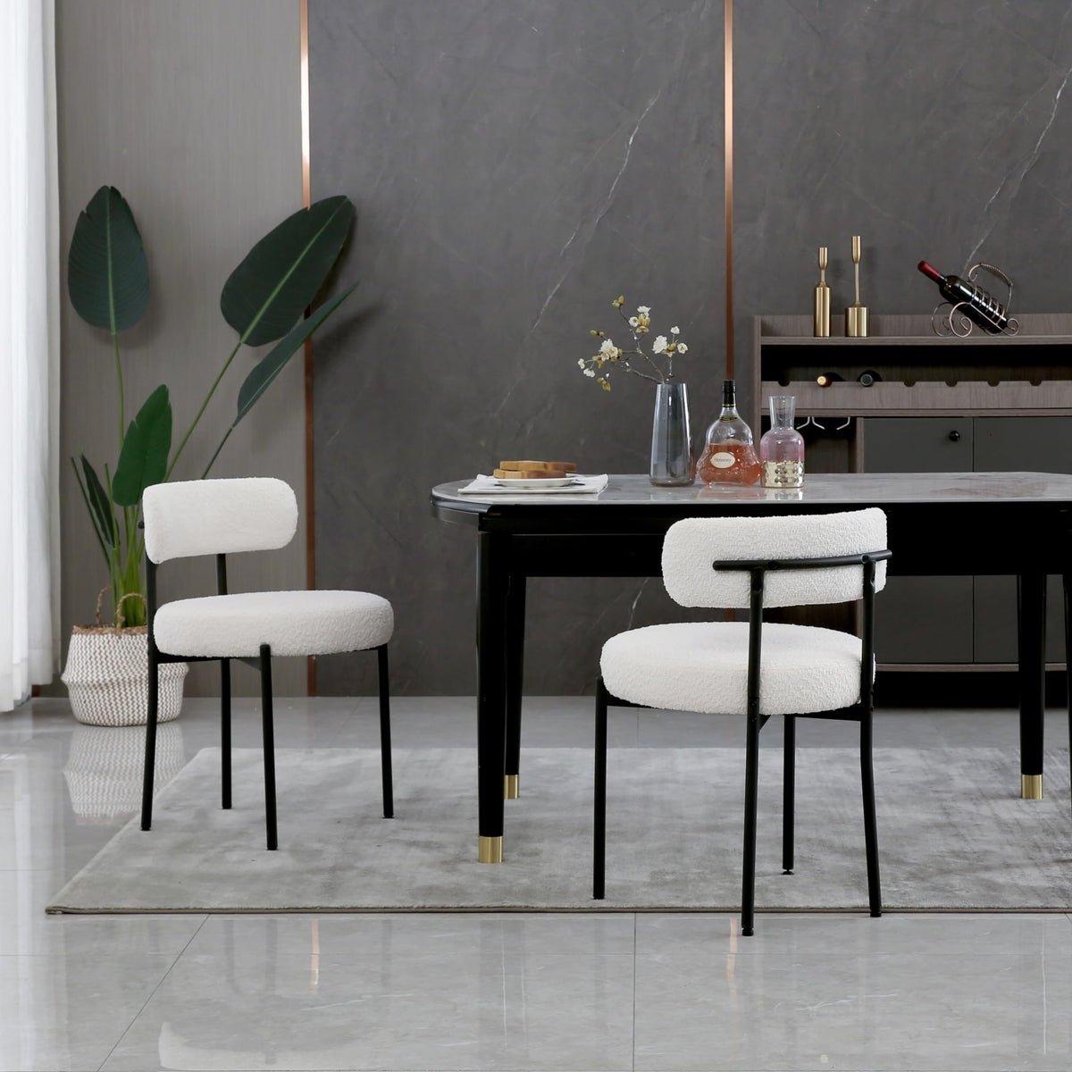 Aisall White Boucle Dining Chairs Set Of 2,Upholstered Kitchen Dining Room Chairs, Mid-Century Modern Curved Backrest Chairs For