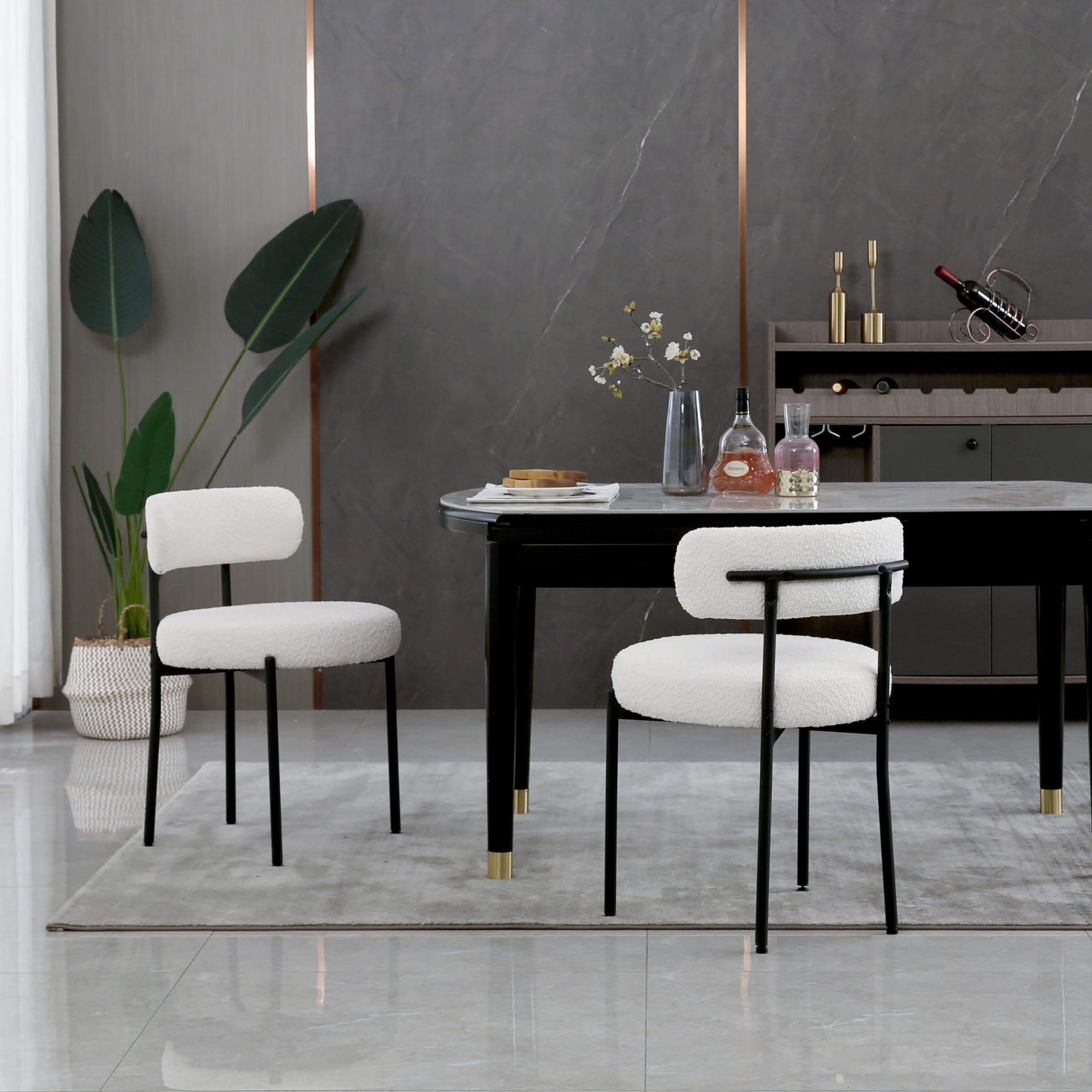 Aisall White Boucle Dining Chairs Set Of 2,Upholstered Kitchen Dining Room Chairs, Mid-Century Modern Curved Backrest Chairs For