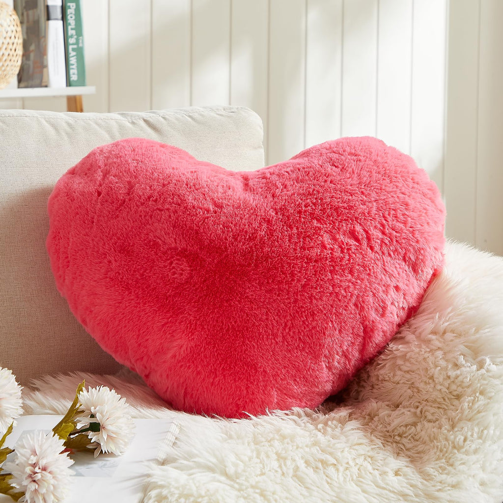 EastTree Heart Pillows, Carmine Heart Shaped Pillows, Love Throw Pillows Gifts, Ultra Faux Rabbit Fur Soft Small Cute Fluffy Pil