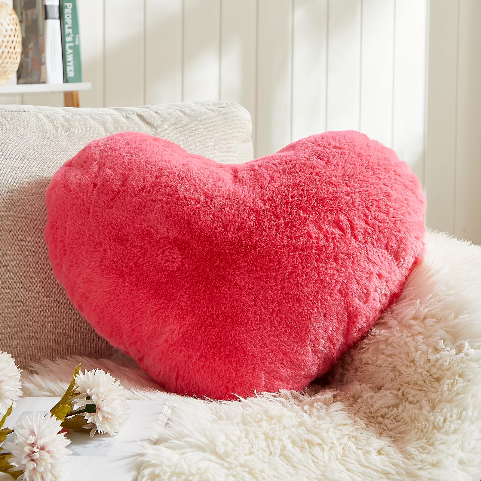 EastTree Heart Pillows, Carmine Heart Shaped Pillows, Love Throw Pillows Gifts, Ultra Faux Rabbit Fur Soft Small Cute Fluffy Pil