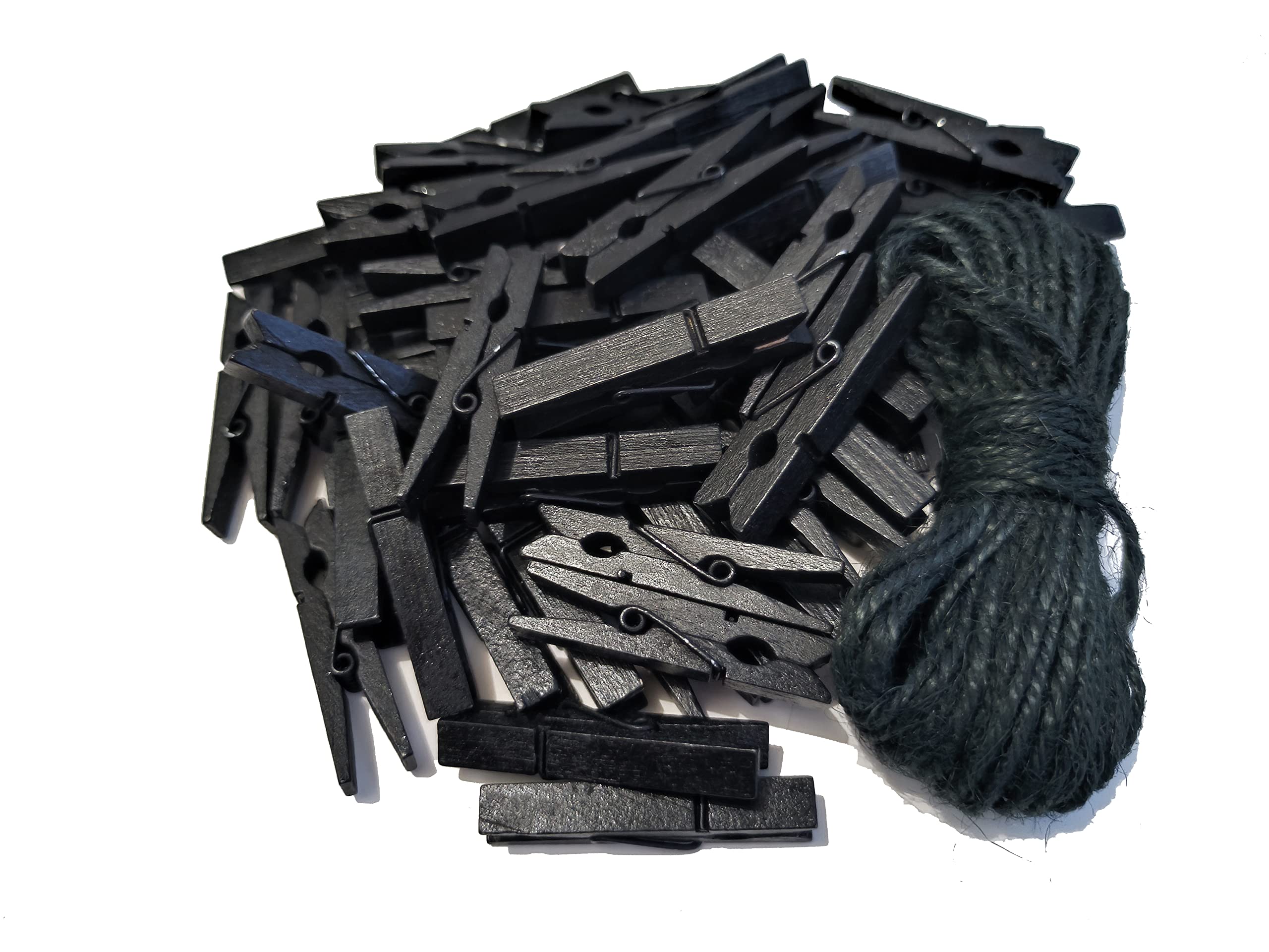 1.9 Inch Black Wooden Clothespins for Pictures Halloween DIY Art Crafts Clothesline Clips Laundry with Jute Twine Pack 50