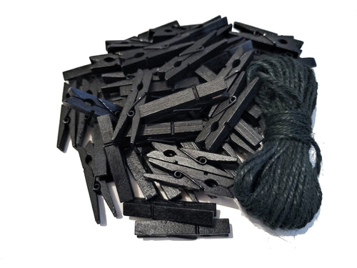 1.9 Inch Black Wooden Clothespins for Pictures Halloween DIY Art Crafts Clothesline Clips Laundry with Jute Twine Pack 50