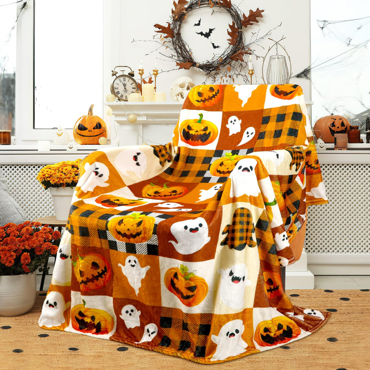 Jansun Halloween Throw Blanket 50x60 Inches Cozy Orange Couch Decor