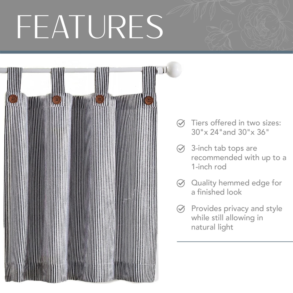 Elrene Home Fashions Tucker Ticking Stripe Tier Window Curtains For Kitchen Or Bathroom, 30' X 36', Set Of 2, Gray