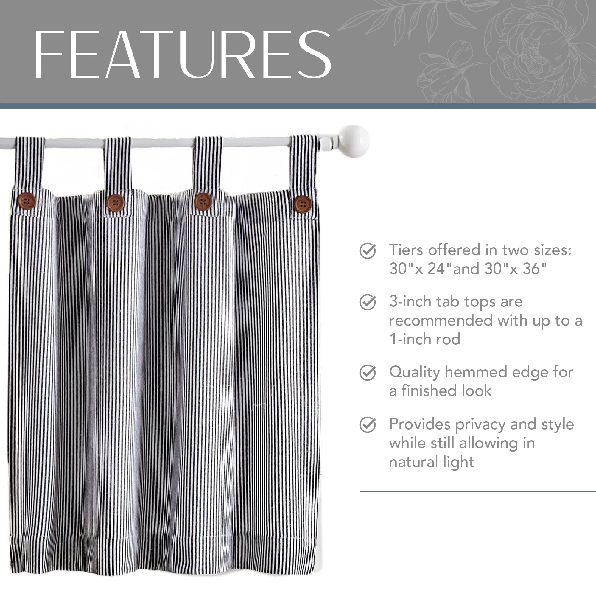 Elrene Home Fashions Tucker Ticking Stripe Tier Window Curtains For Kitchen Or Bathroom, 30' X 36', Set Of 2, Gray
