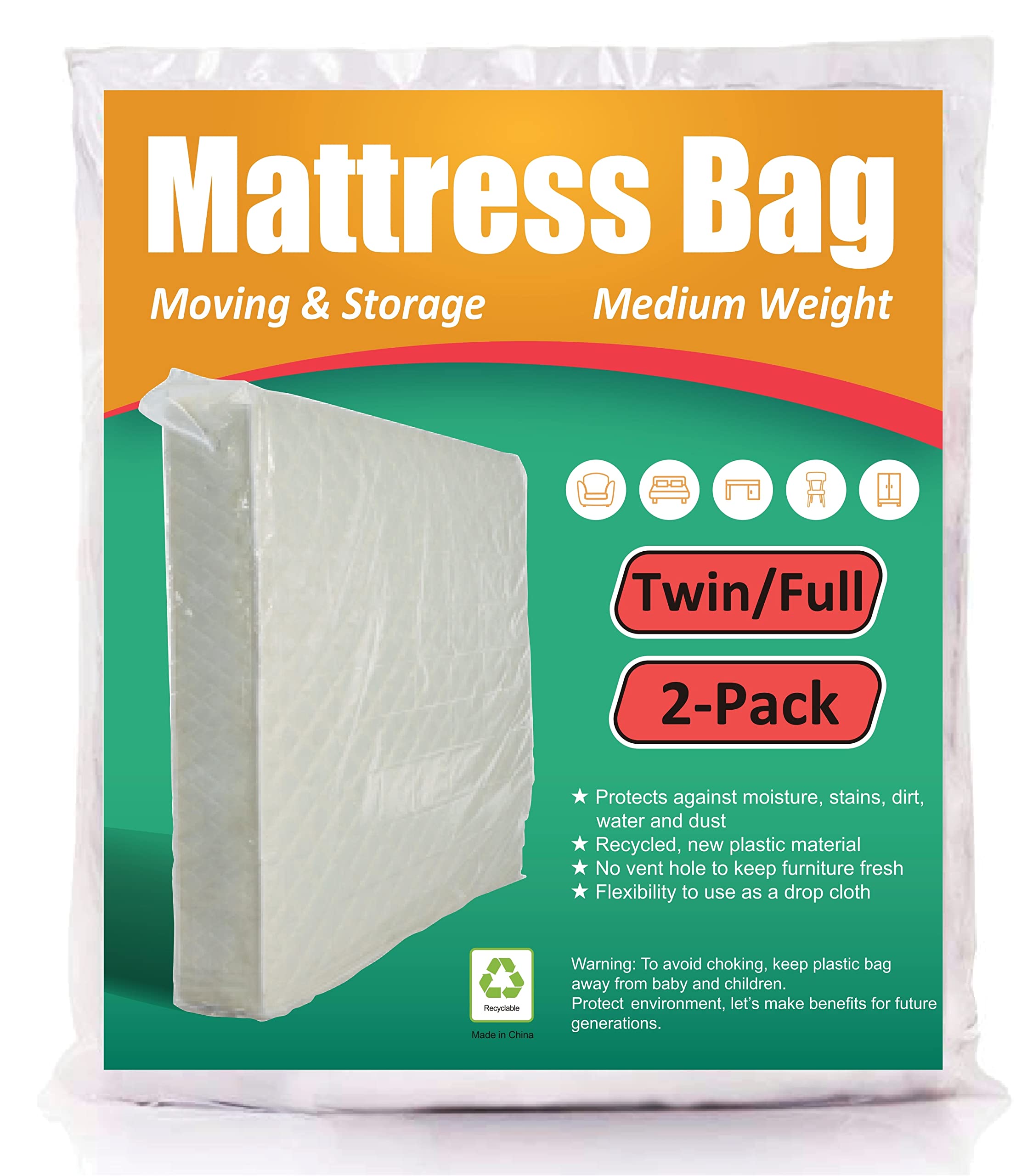 Comforthome Mattress Bag For Moving And Storage, 3 Mil Thick, Fits Twin And Full Size Mattress, 2 Pack