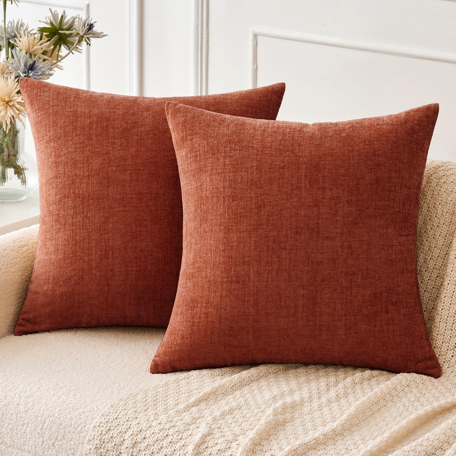 Miulee Fall Pack Of 2 Couch Throw Pillow Covers 18X18 Inch Soft Burnt Orange Chenille Pillow Covers For Sofa Living Room Solid D
