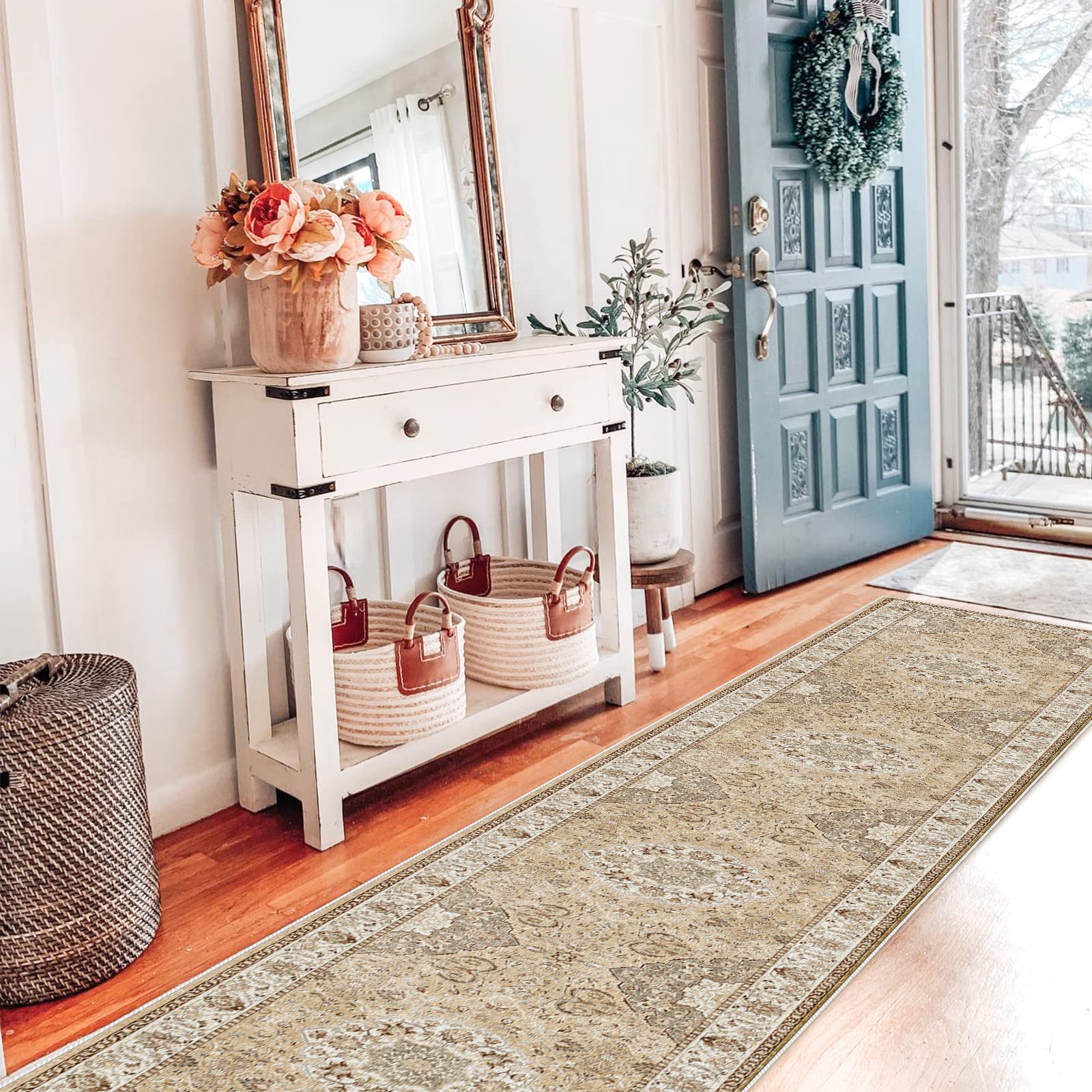 Hallway Washable Runner Rug - 2X10 Kitchen Rugs Entryway Rug Runner Vintage Soft Floor Mat Non Slip Indoor Farmhouse Carpet For