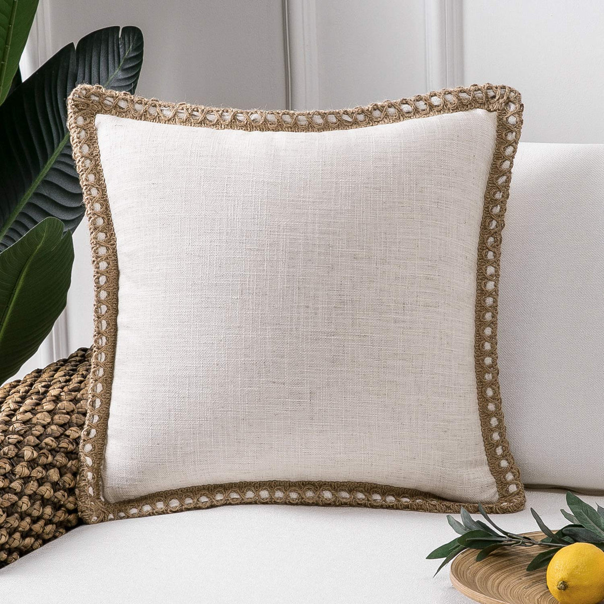 Phantoscope Farmhouse Solid Throw Decorative Pillow Cover Burlap Linen Trimmed Tailored Edges Outdoor Pillow Off White 22 X 22 I
