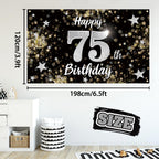 Nelbiirth Happy 75th Birthday Backdrop Banner, Black & Silver Dream Star Sign, 78" x 47", Polyester Oxford Fabric