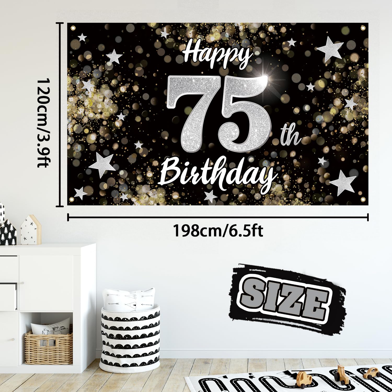 Nelbiirth Happy 75th Birthday Backdrop Banner, Black & Silver Dream Star Sign, 78" x 47", Polyester Oxford Fabric