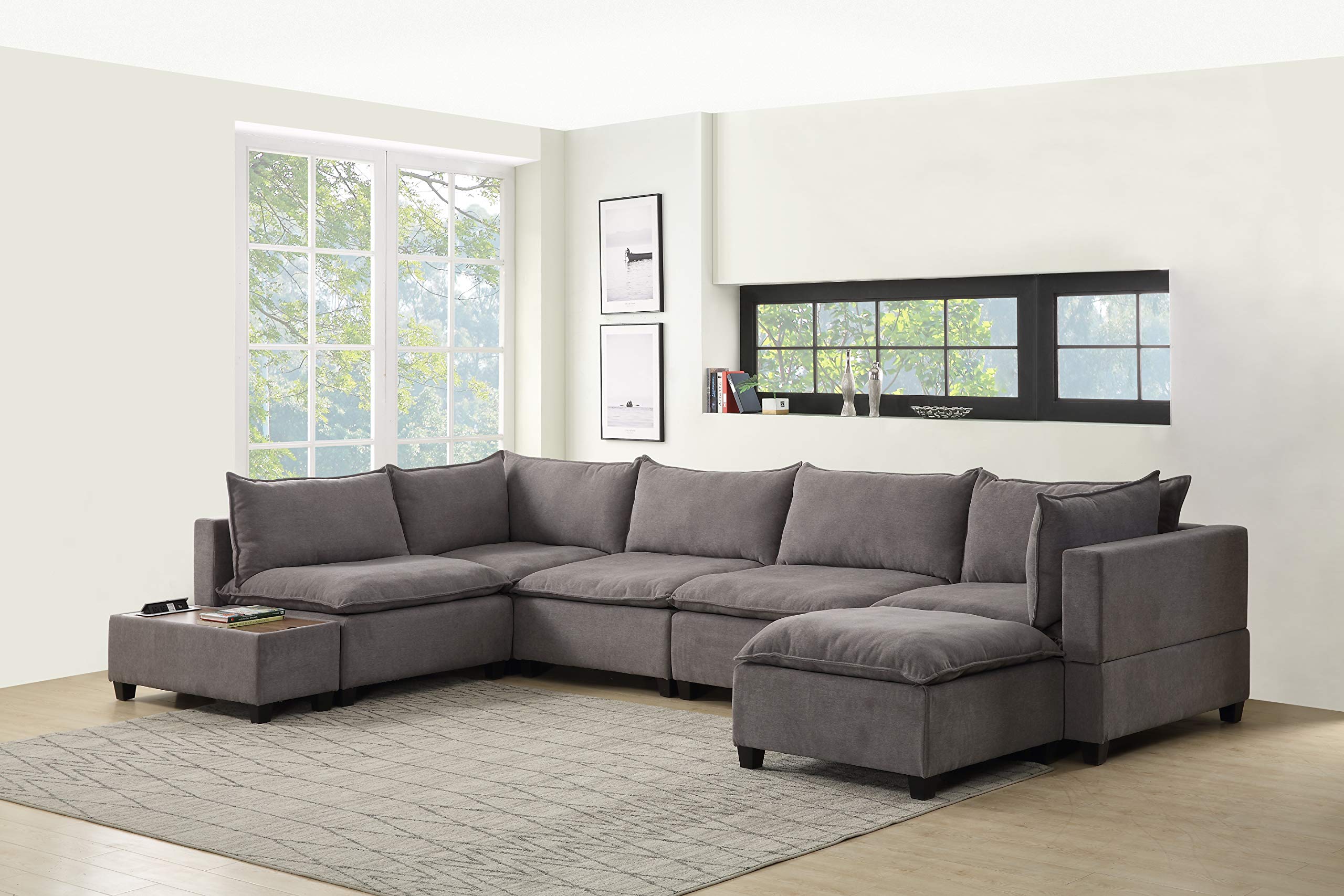 Lilola Home Madison Light Gray Fabric 7Pc Modular Sectional Sofa Chaise with USB Storage Console Table
