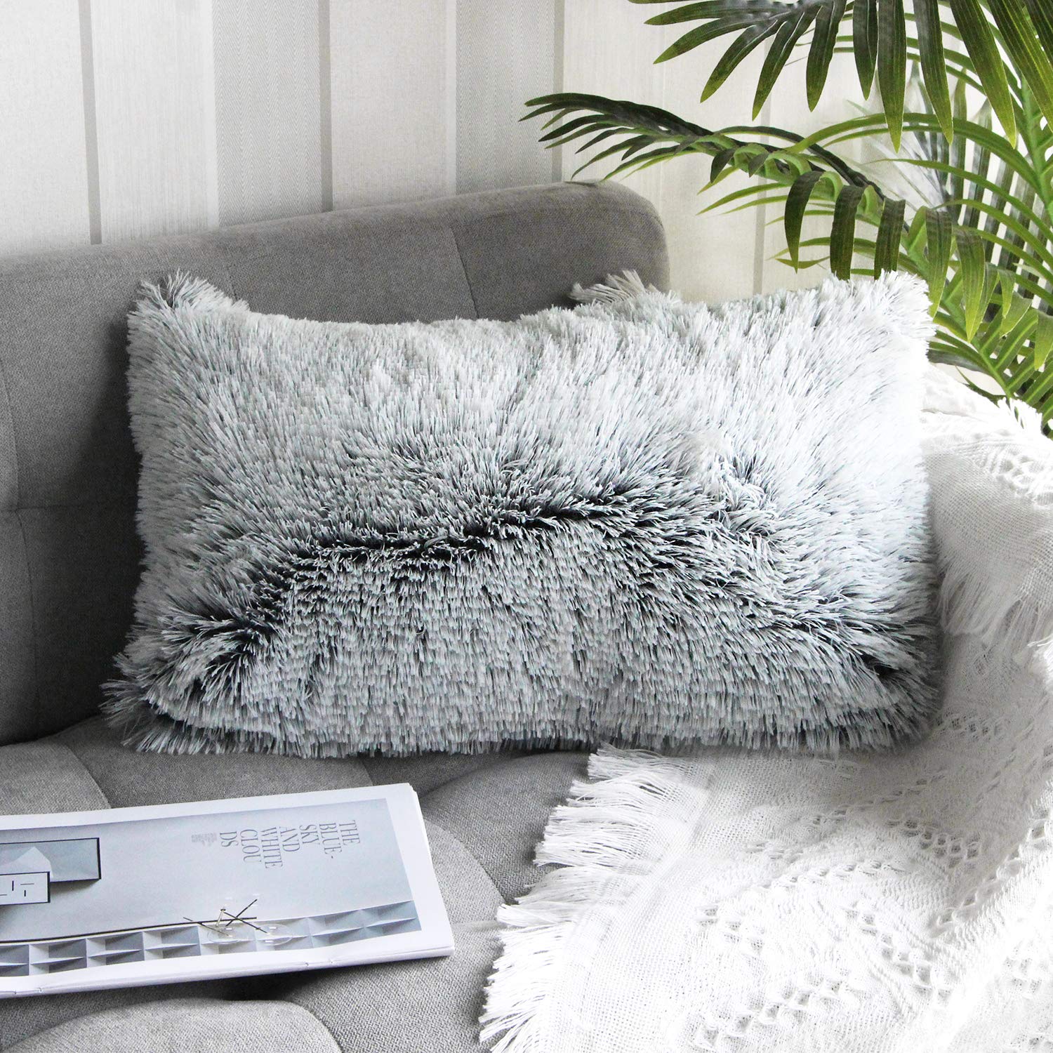 Uhomy Fluffy Plush Pillow Cover 12'X20', Fall Winter Home Decorative Luxury Gray Soft Fuzzy Faux Fur Throw Pillow Cover Cushio