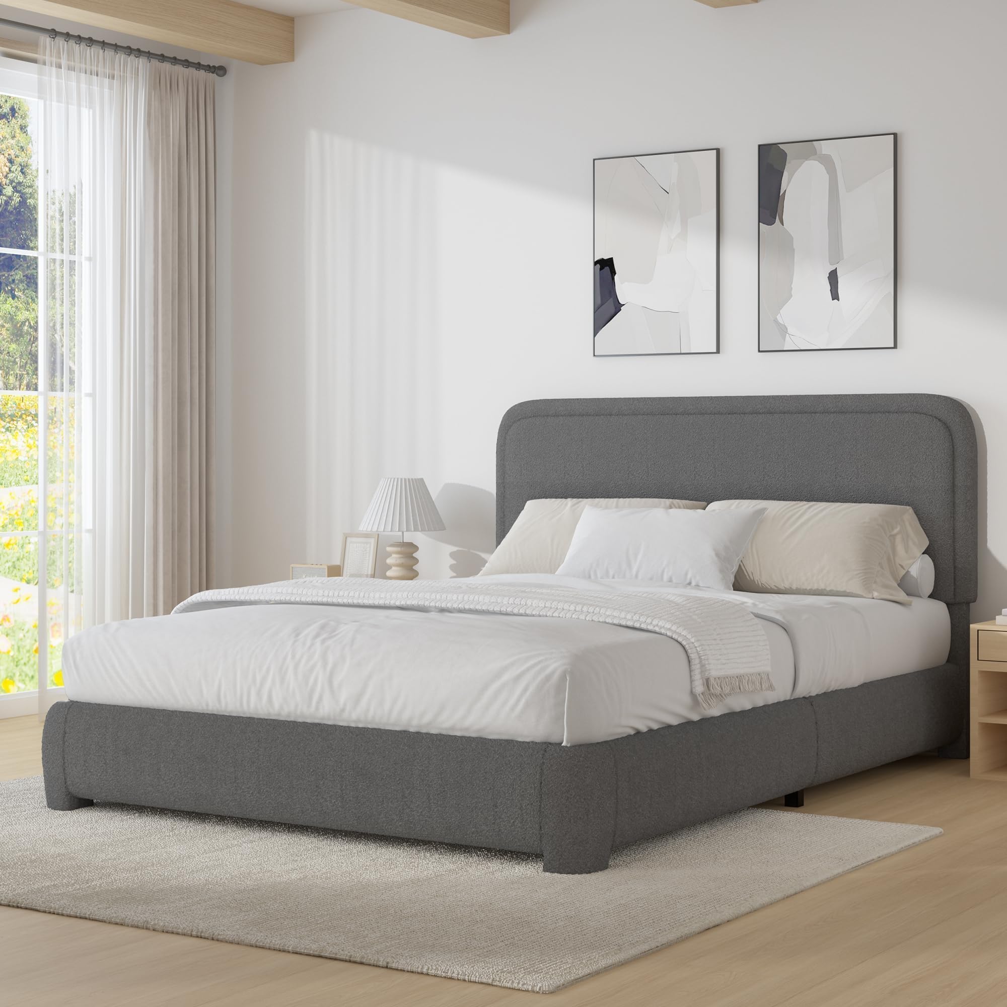 Queen Bed Frame, Boucle Upholstered Platform Bed Frame With Headboard, Modern Style, Soft Rounded Corners, No Box Spring Require