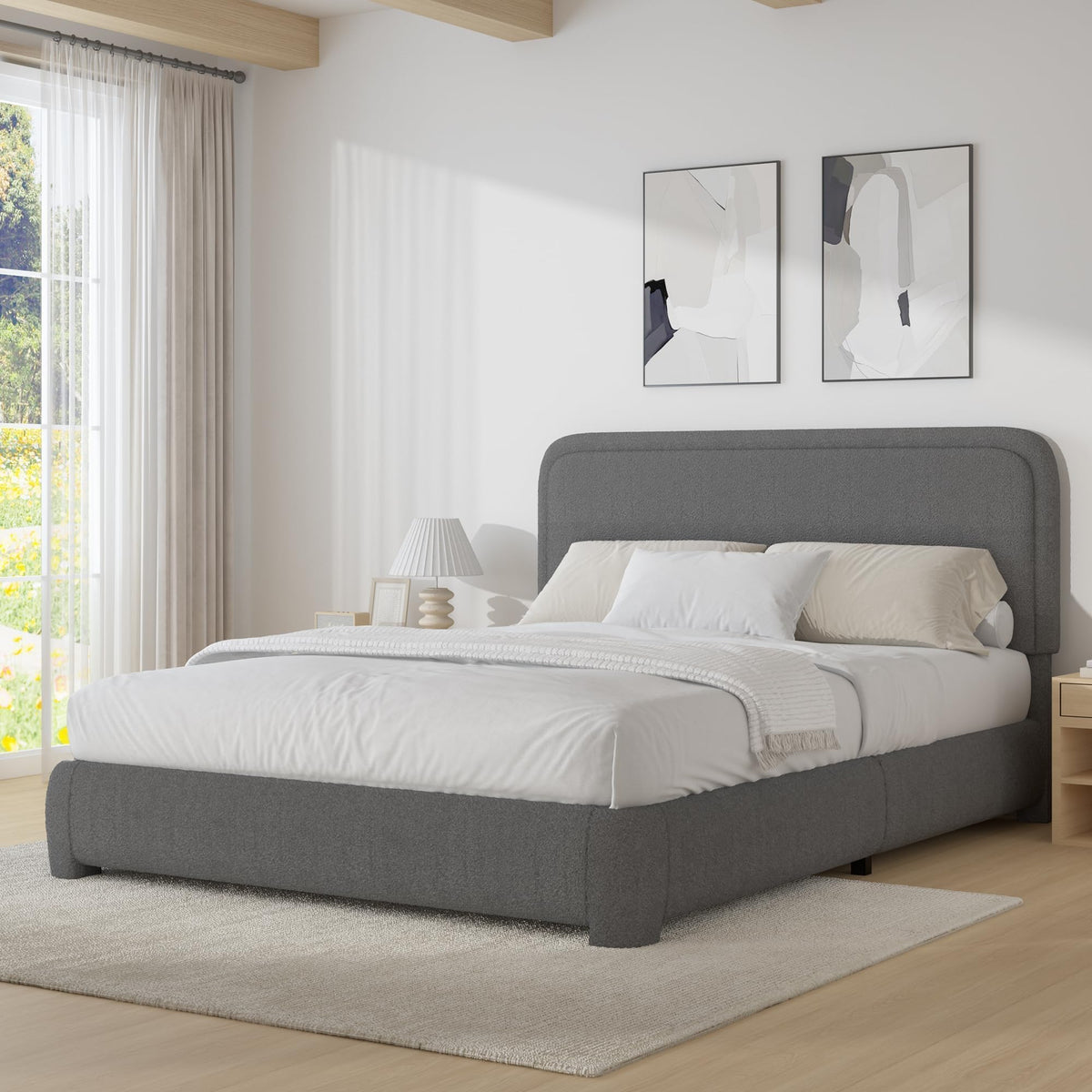 Full Size Bed Frame, Boucle Upholstered Platform Bed Frame With Headboard, Modern Style, Soft Rounded Corners, No Box Spring Req