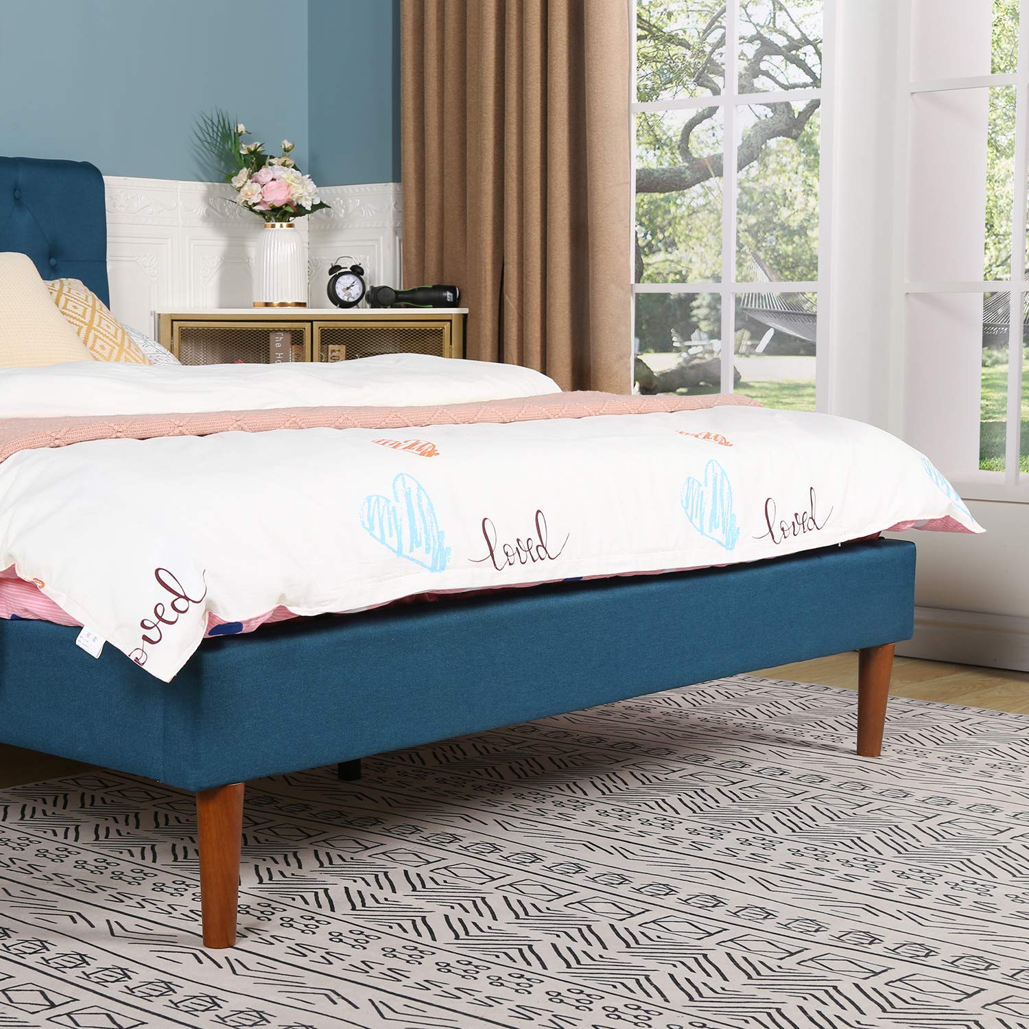 Vecelo Classic Upholstered Platform Bed Diamond Stitched Cloth Panel Headboard/Mattress Foundation/Easy Assembly/Strong Slat Support Full,Blue