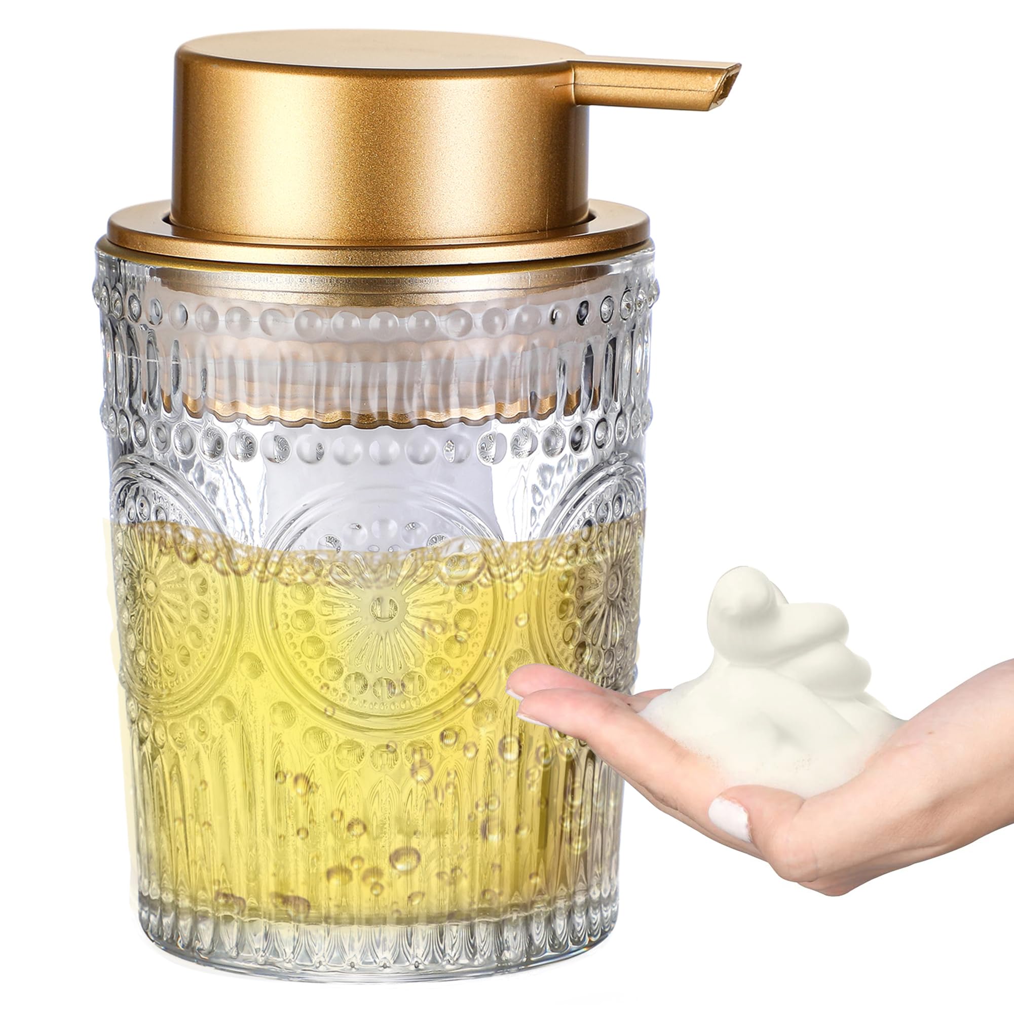 MKLZ 8 Oz Glass Foam Soap Dispenser, Clear Hand Liquid Bottles with Gold Plastic Pump, Refillable Round Foaming Lotion Dispensin