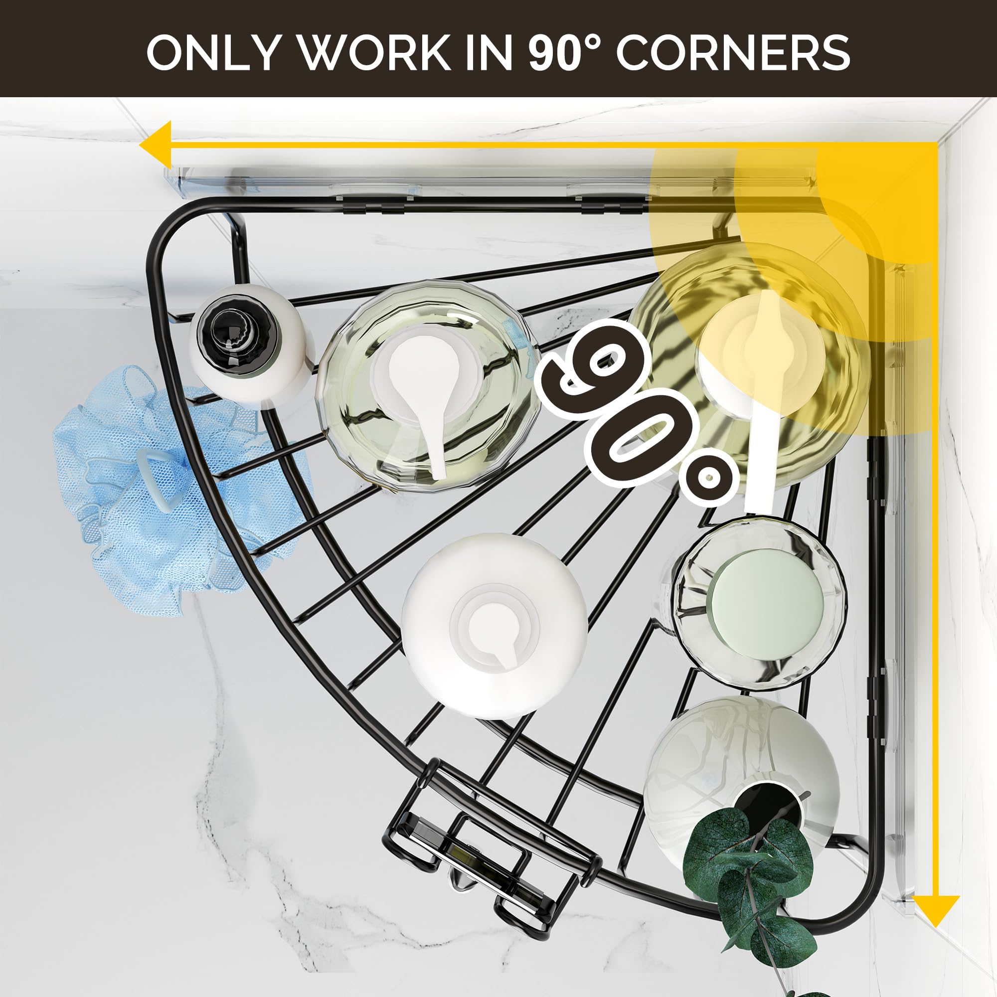 Orimade 2-Tier Corner Shower Caddy - Wall Mounted Metal Bathroom Shelf, Adhesive No Drilling, Matt Black, 2 Pack for 90-Degree Corner