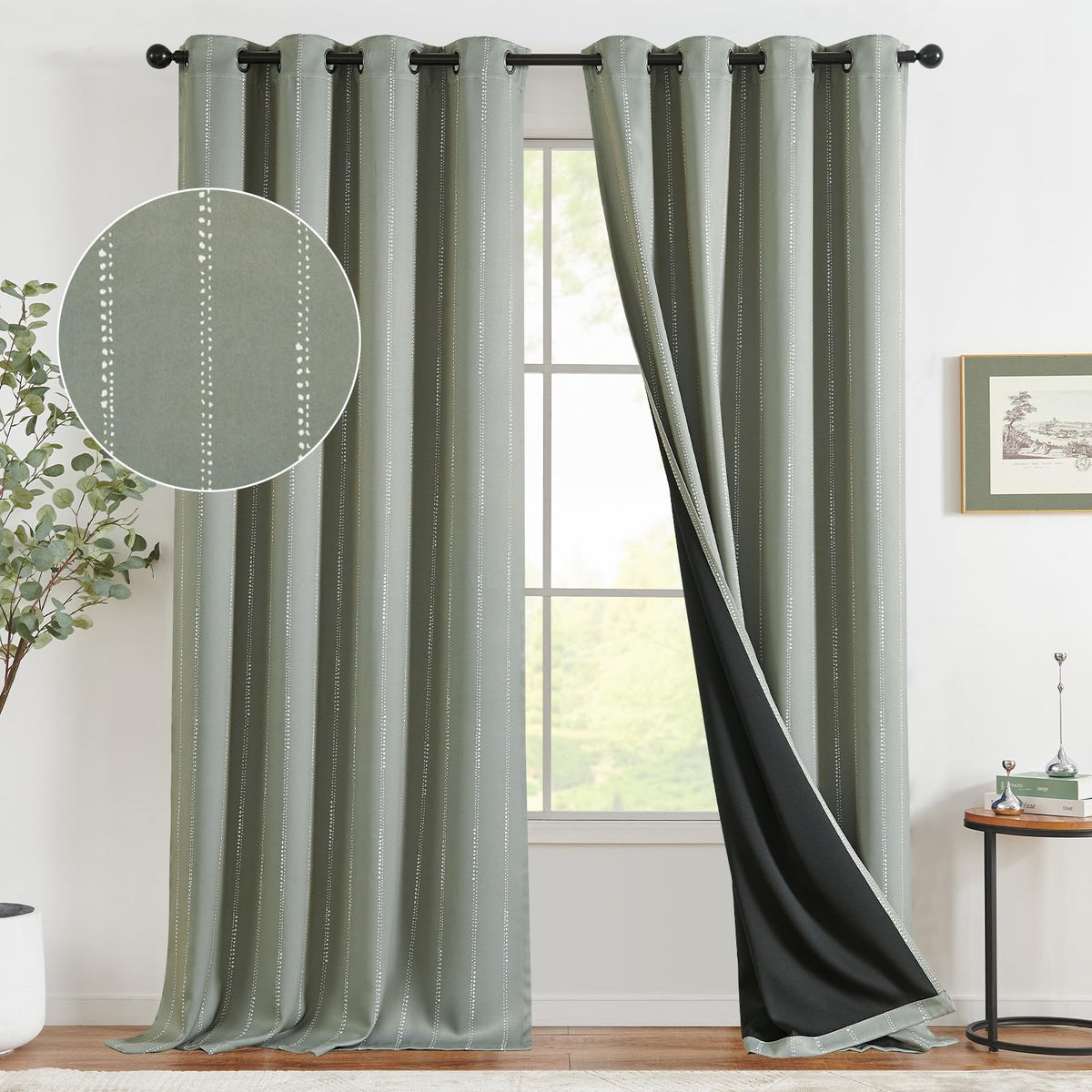 Jinchan Boho Blackout Curtains For Bedroom, Striped Patterned Sage Green Curtains 96 Inch Long Room Darkening Curtains For Bedro