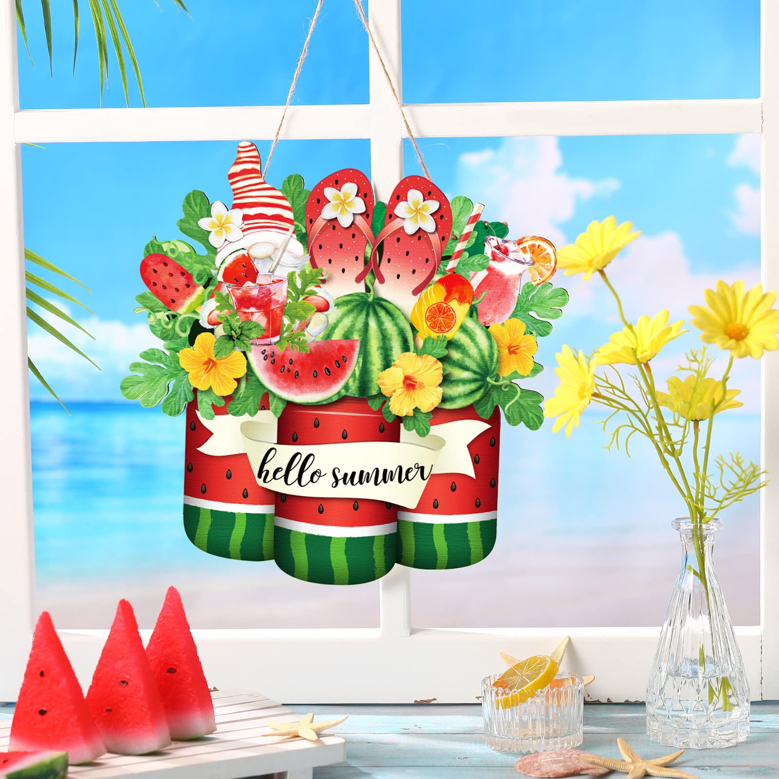 Geetery Hello Summer Watermelon Sign Wooden Watermelon Gnome Welcome Hanging Sign With Ropes Rustic Summer Front Door Hanger Orn