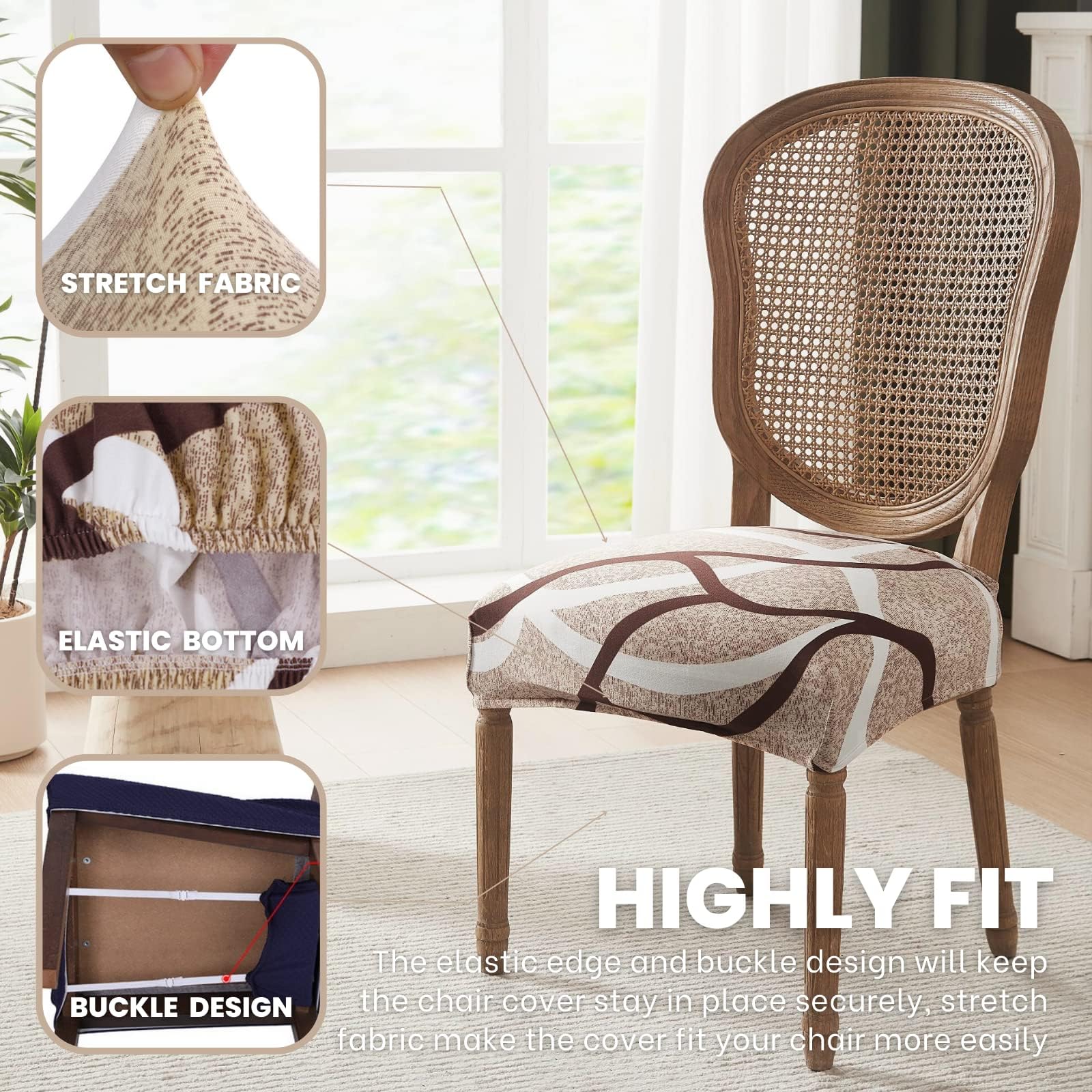 Searchi Stretch Dining Chair Seat Covers Set Of 8, Soft Removable Washable Seat Covers For Dining Chairs, Dining Room Seat Cover Slipcover Protector (Rear-Covered, Beige)