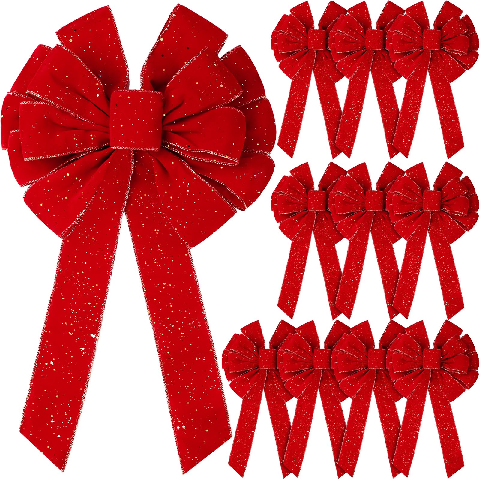 Yunlly 12 Pcs Extra Large Red Christmas Wreath Bows Outdoor Decorations 26 x 12 Inches, Giant Christmas Tree Topper Velvet Bow w