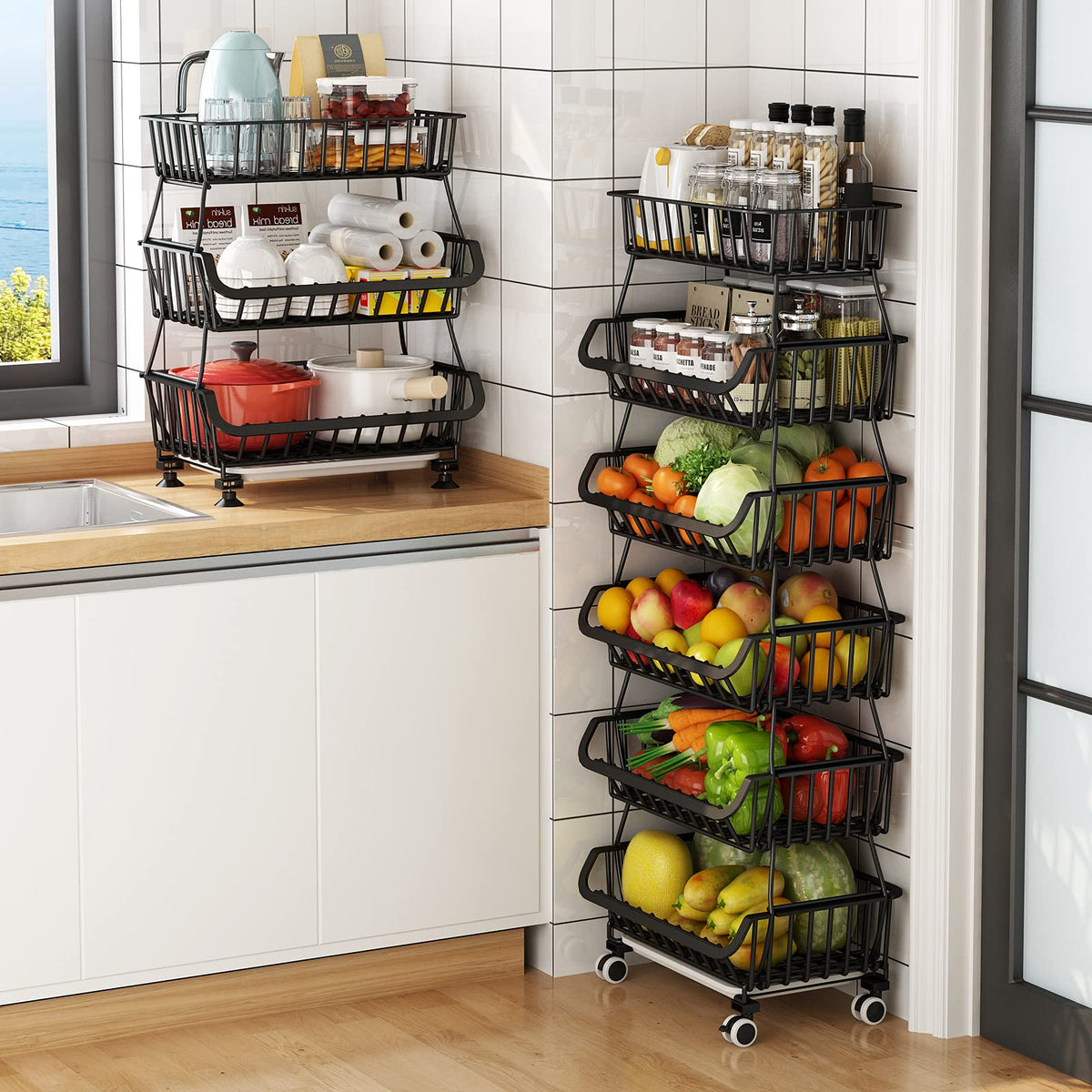 KOLENSA Metal Wire Baskets with Wheels, Stackable Storage Bins Kitchen Organizer Shelf 3-4-5-6 Tier Fruit Vegetable Cart Dishes 