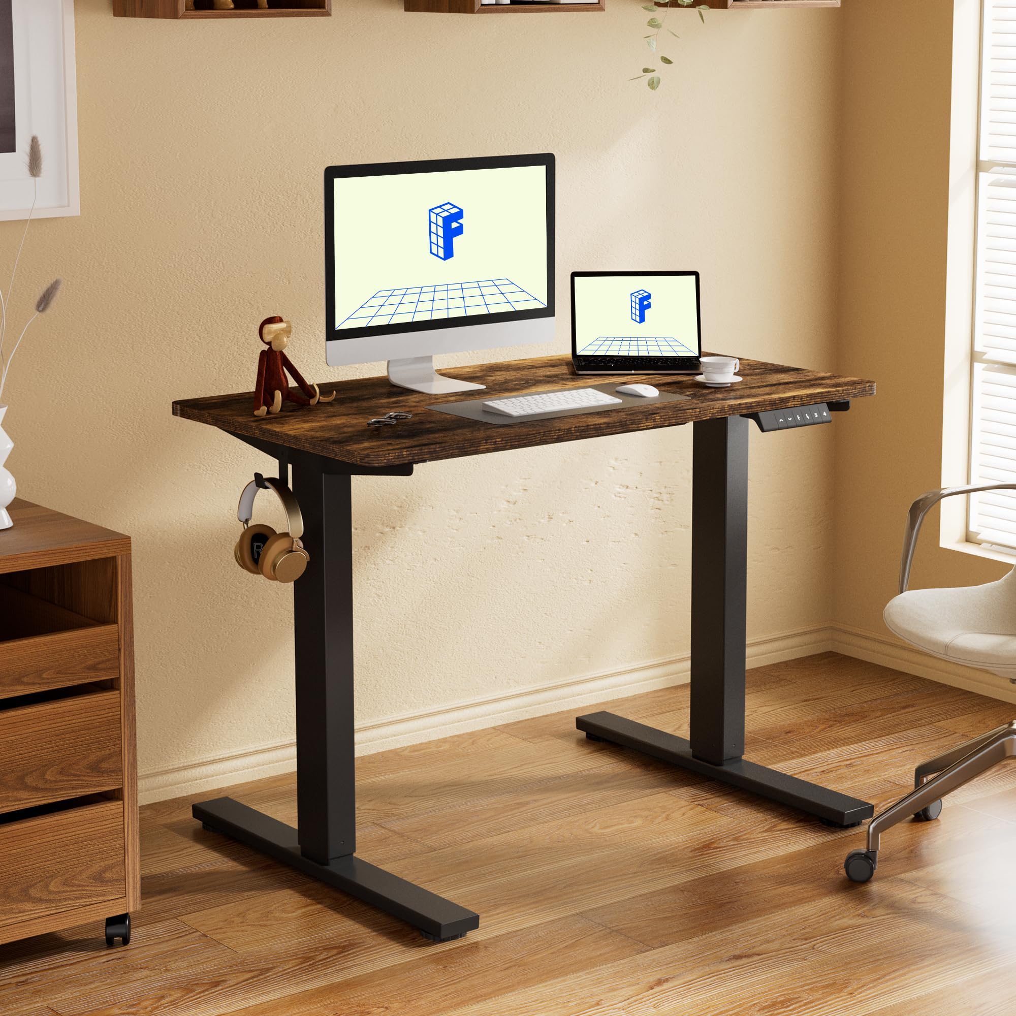 Flexispot Adjustable Desk, 48X30 Electric Standing Desk Sit Stand Desk Whole-Piece Desk Board For Home Office (Black Frame + Rustic Top, 2 Packages)