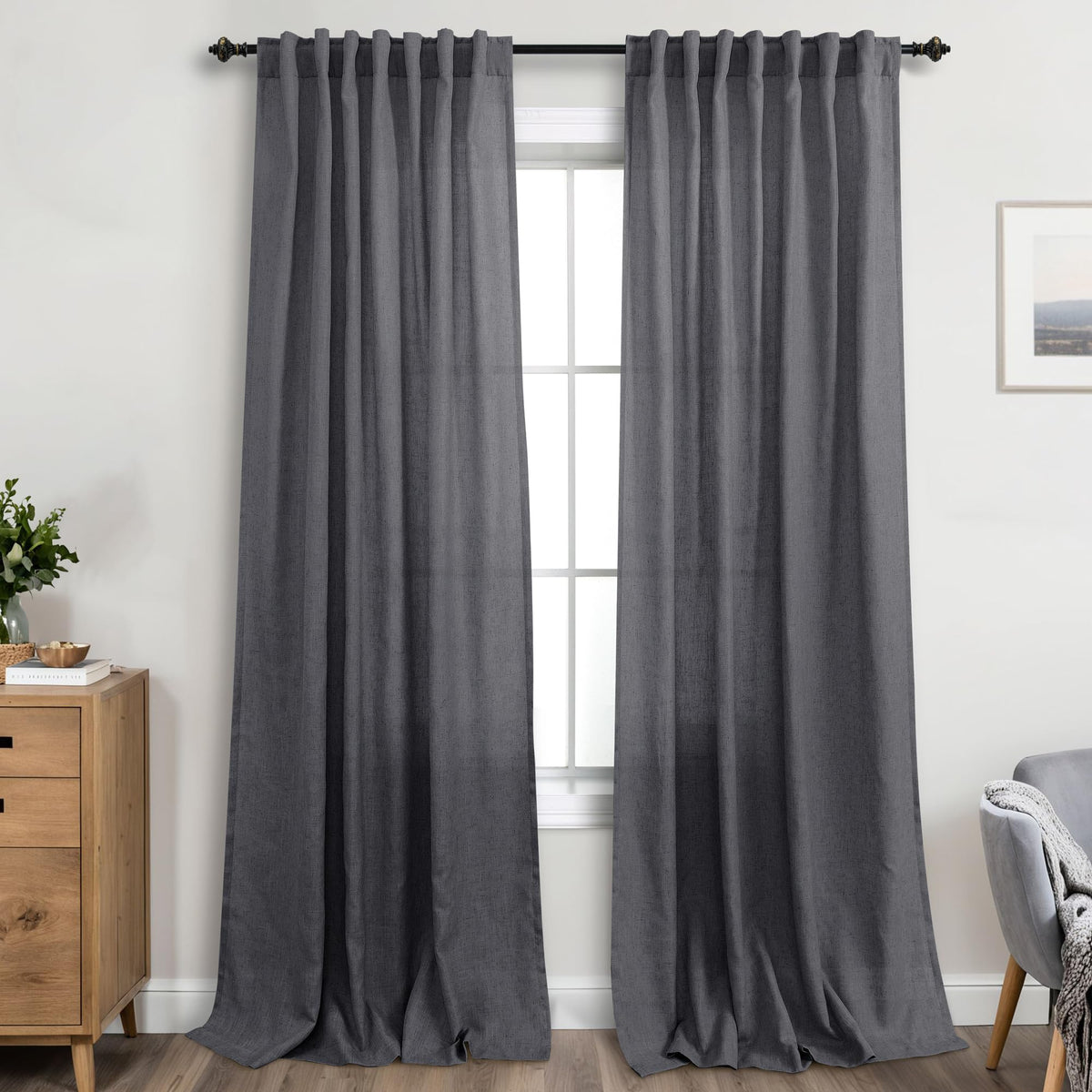Koufall Grey Curtains For Living Room 96 Inches Long,Light Fitering Linen Semi Sheer Farmhouse Curtain Drapes 96 Inch Length For