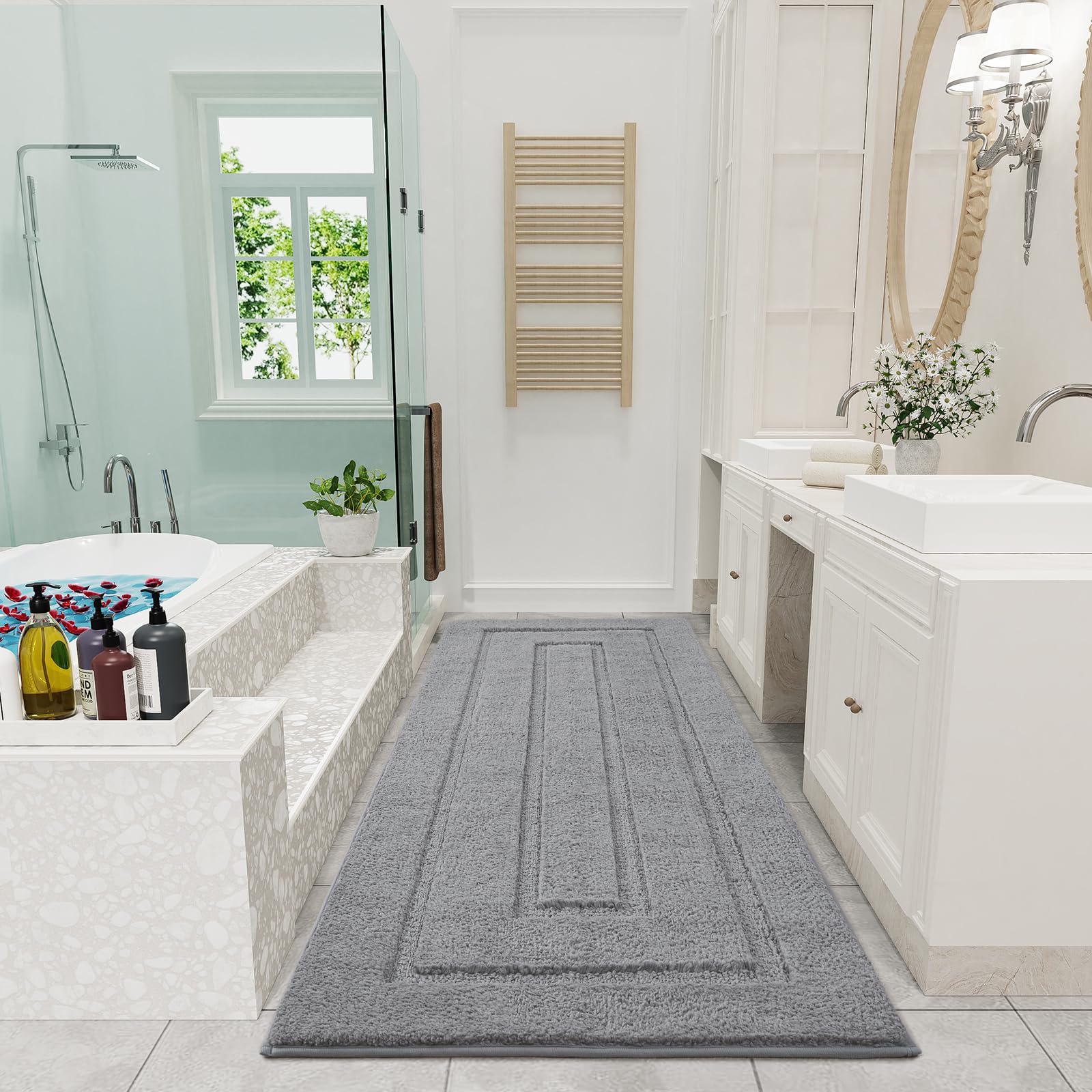 Homore 24X70 Inch Long Bathroom Rug, Grey Absorbent Microfiber Bathroom Runner Rug, Tpr Backing Non Slip Bath Rug For Bathroom,