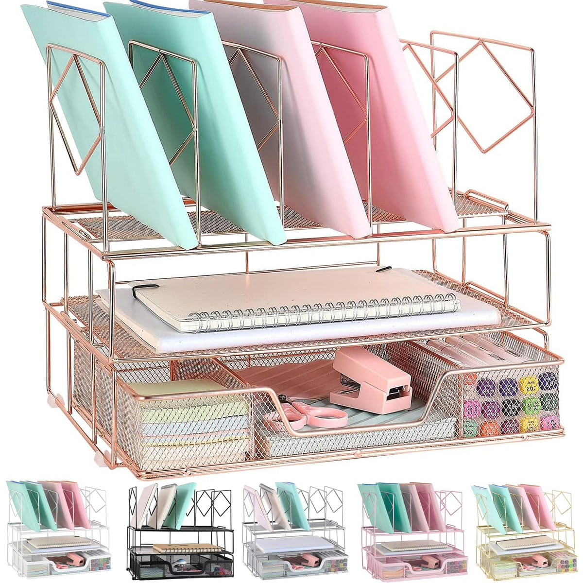 Gianotter Desk Organizers And Accessories, Office Supplies Desk Organizer With Sliding Drawer, Double Tray And 5 Upright Section