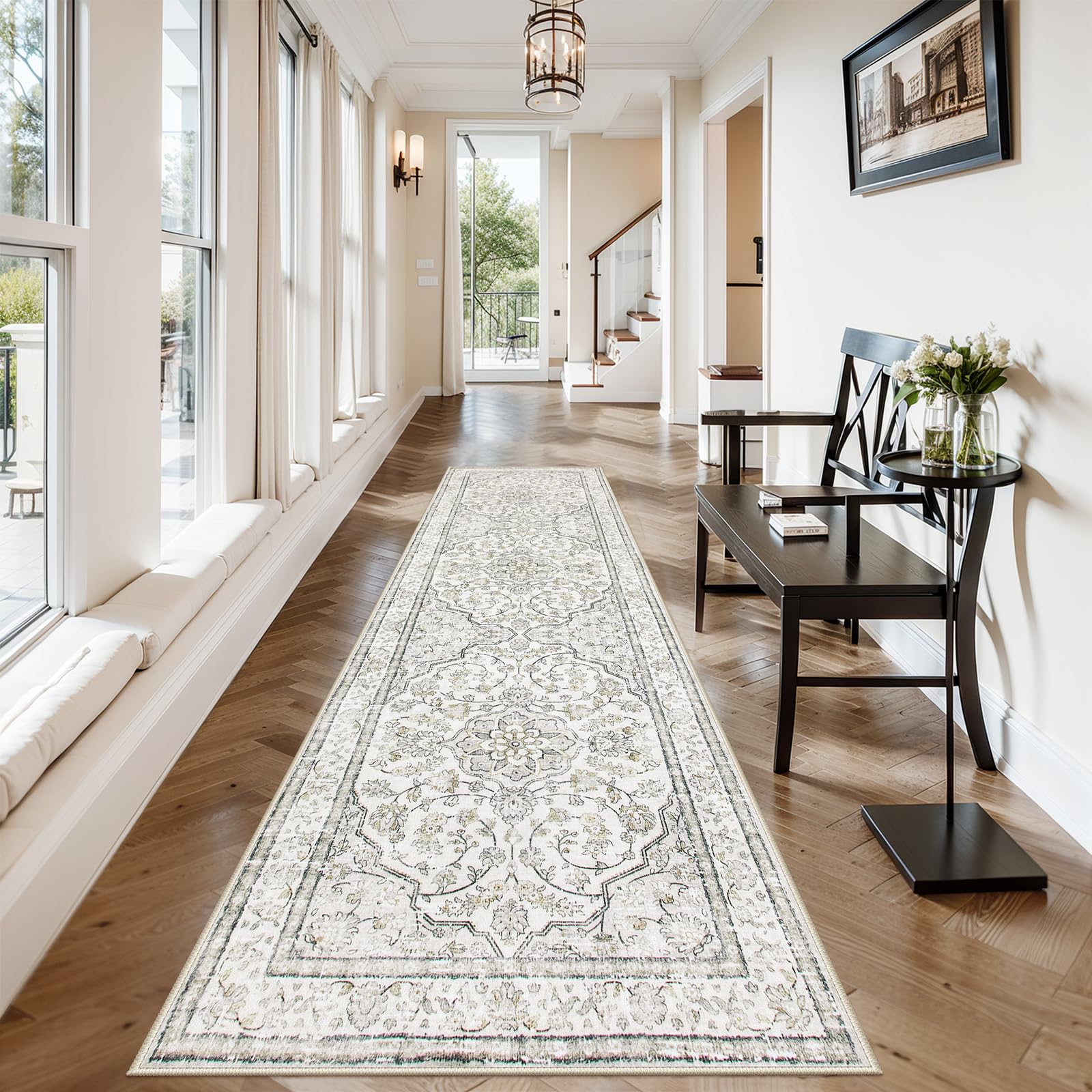 Lahome Oriental Runners for Hallways,2.5x10 Washable Beige Kitchen Runner Non Skid Long Entryway Rug Runner 10ft,Ulra-Thin Soft 