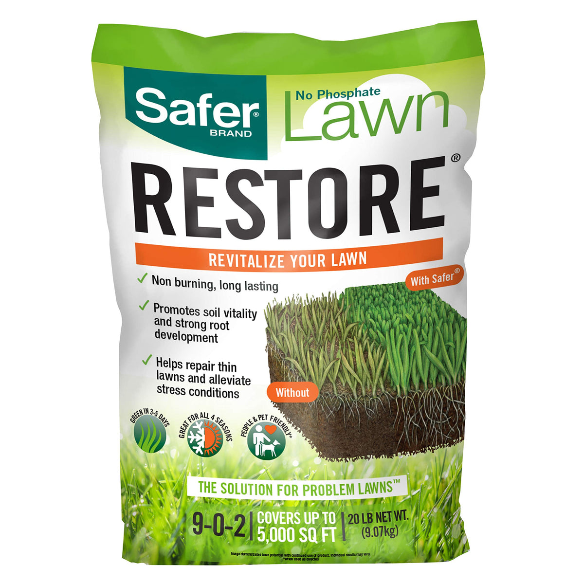 Safer Brand 9335Sr Lawn Restore Natural Lawn Fertilizer - Non-Burning Fertilizer - 9-0-2 Npk - Covers Up To 5,000 Sq Ft