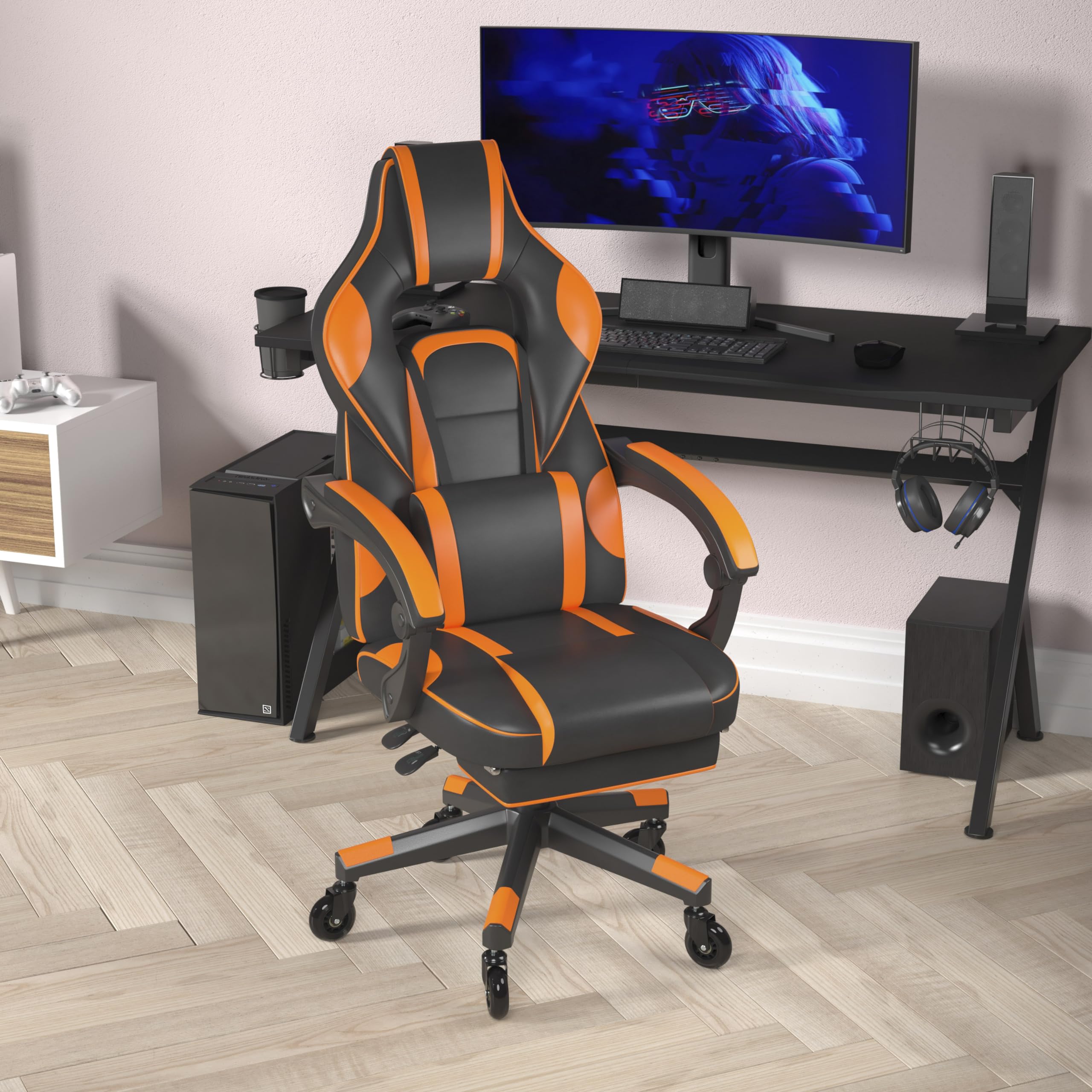 Flash Furniture X40 Gaming Chair Racing Computer Chair With Fully Reclining Back/Arms And Transparent Roller Wheels, Slide-Out Footrest, - Black/Orange
