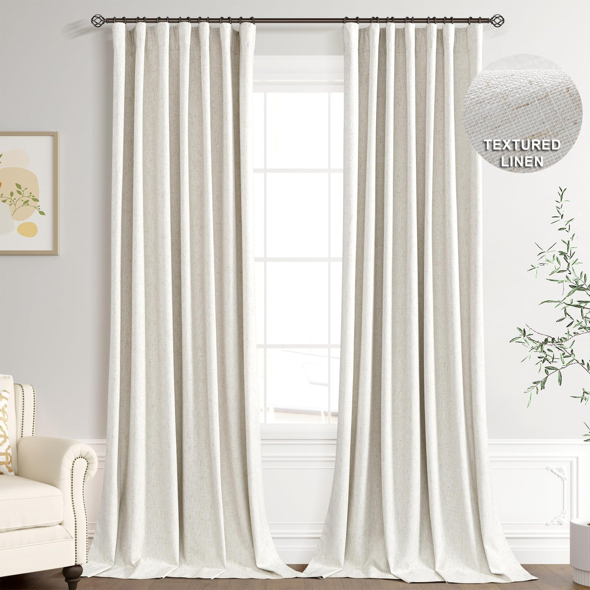 Joywell 100% Blackout Linen Curtains 108 Inches Long, Rod Pocket/Back Tab/Hook Belt/Clip Rings, Floor To Ceiling Window 9 Ft Drapes For Bedroom Living Room (2 Panels Set,52 X 108,Natural Beige)