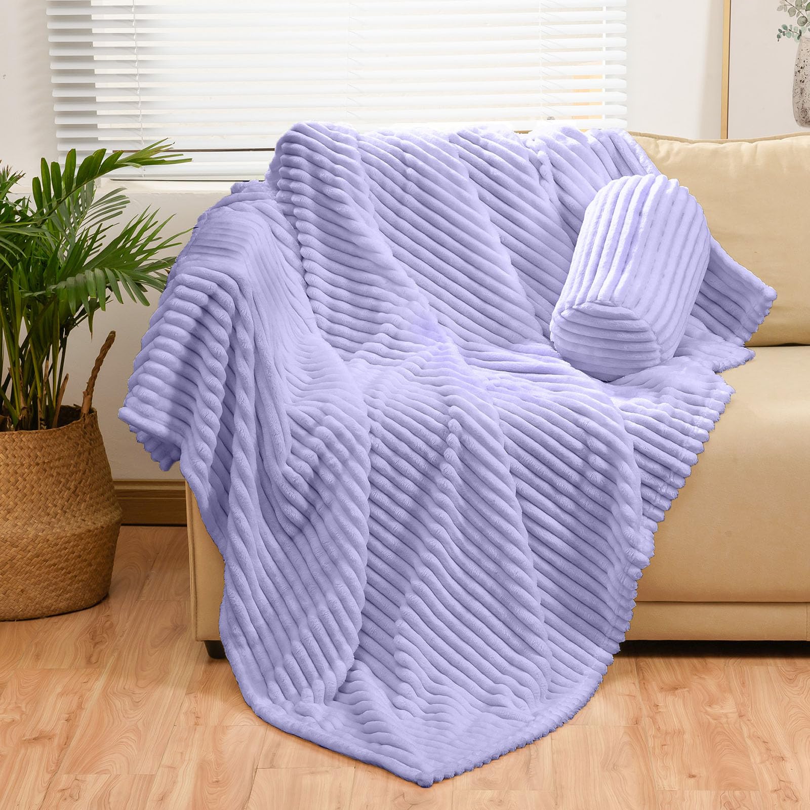Bnuitland Light Purple Flannel Throw (60X80 Inches) With Storage Pouch,300Gsm Super Soft Fleece Stripe Pattern Sofa Blanket For