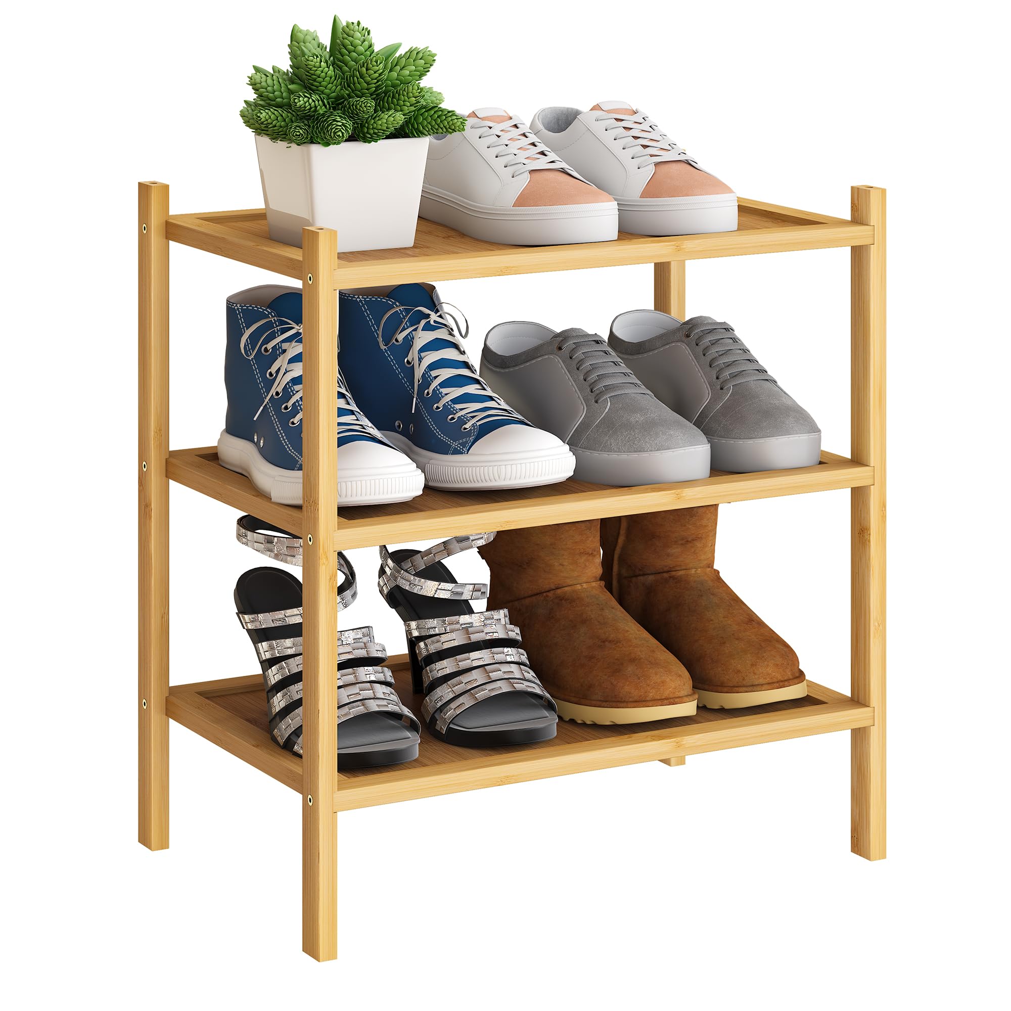 Bmosu 3-Tier Bamboo Small Shoe Rack Premium Stackable Shoe Shelf Storage Organizer For Hallway Closet Living Room Entryway Organizer(Natural)