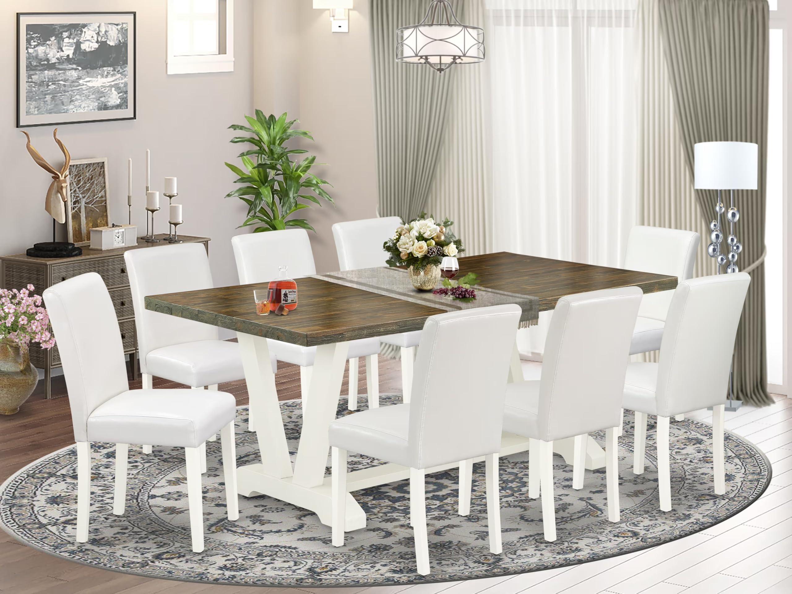 East West Furniture V077Ab264-9 9 Piece Modern Dining Table Set Includes A Rectangle Wooden Table With V-Legs And 8 White Faux Leather Parson Dining Room Chairs, 40X72 Inch, Multi-Color