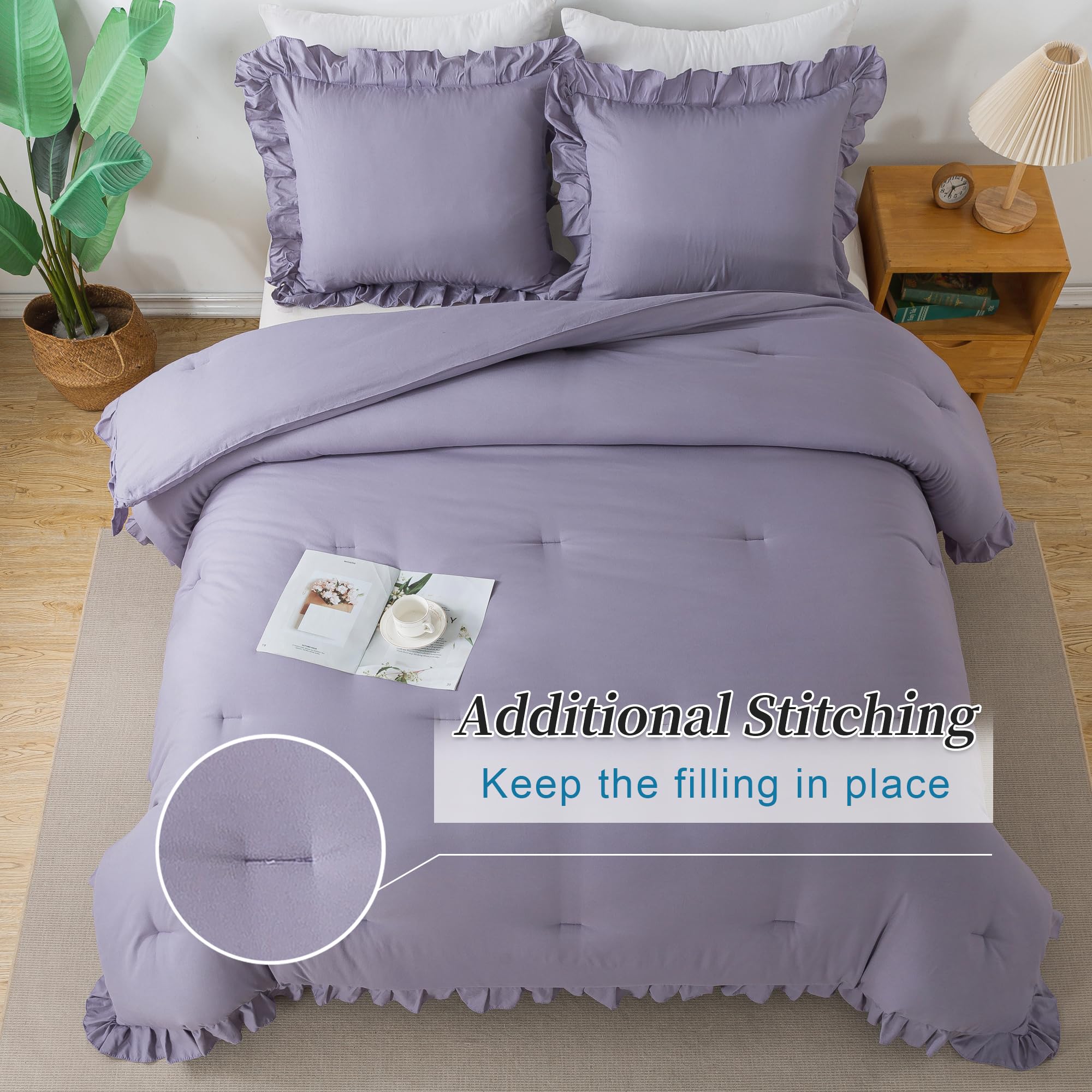Andency Grayish Purple California King Comforter Set, 3 Pieces Cal King Ruffle Purple Comforter, Lightweight Oversized Farmhouse Shabby Chic Soft Microfiber Bedding Comforter Set (104X96Inch)