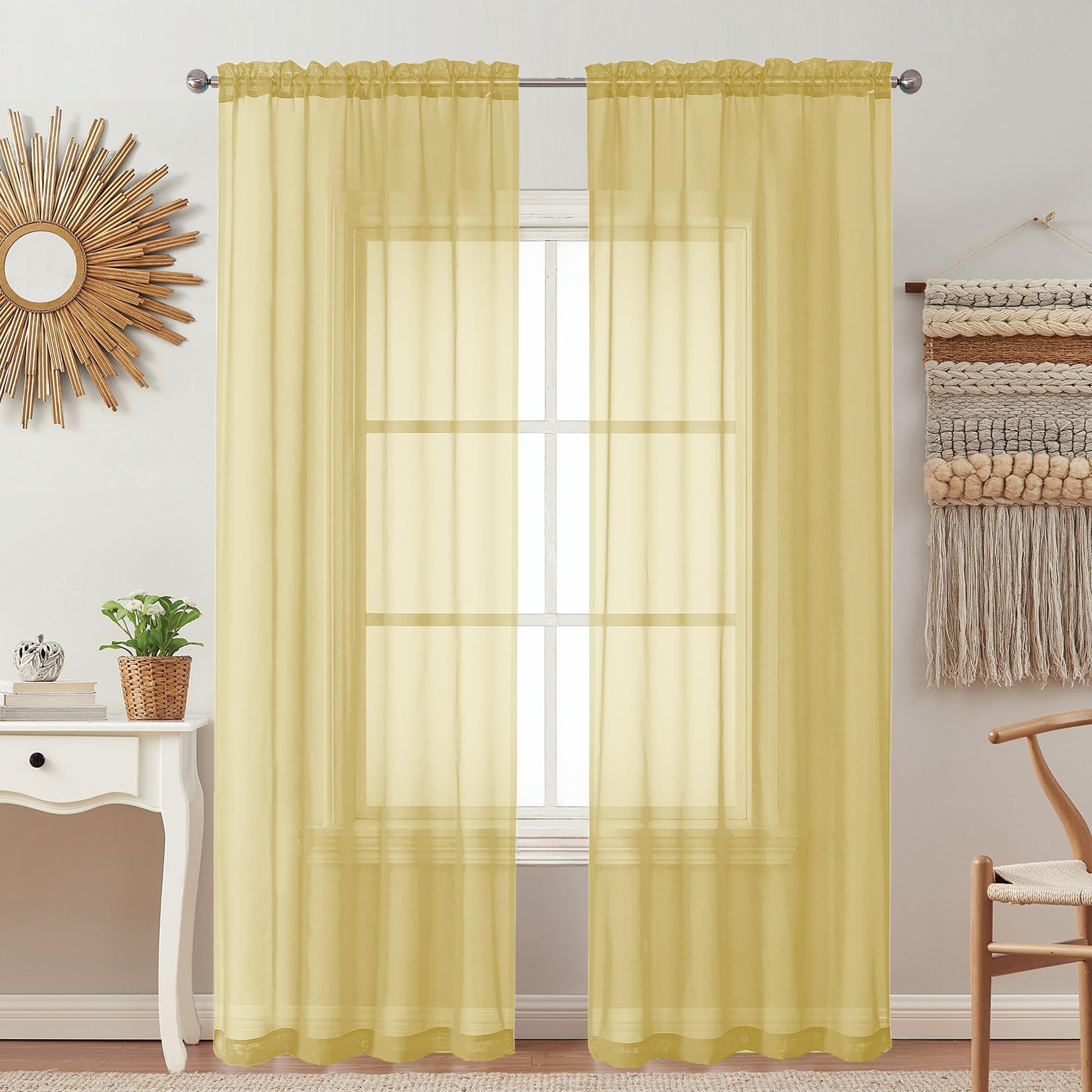 Ovzme 2 Pack: Basic Mustard Yellow Sheer Curtain 84 Inches Long For Bedroom, Airy Light Filtering Voile Drapes For Living Room,