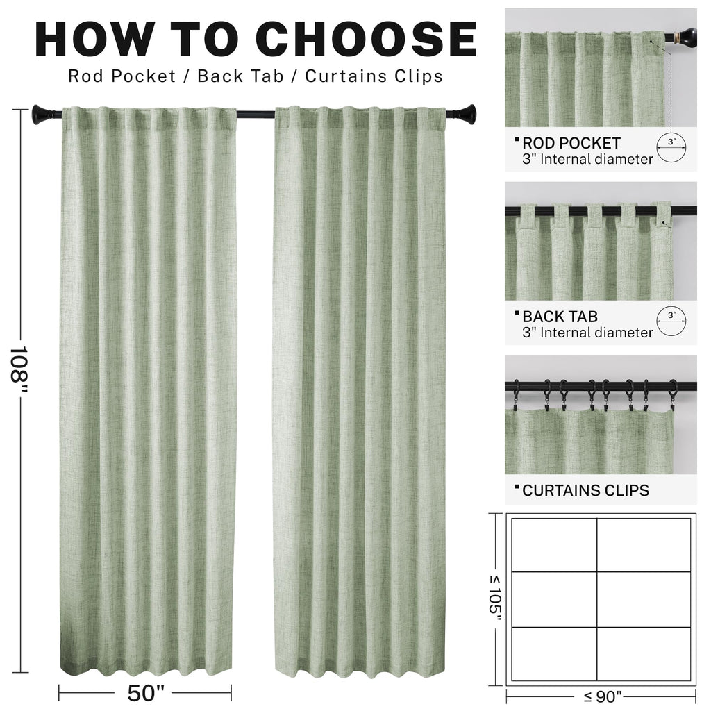 Sage Green Curtains For Living Room 108 Inches Long 2 Panels Light Green Farmhouse Linen Drapes Semi Transparent Extra Long Shee