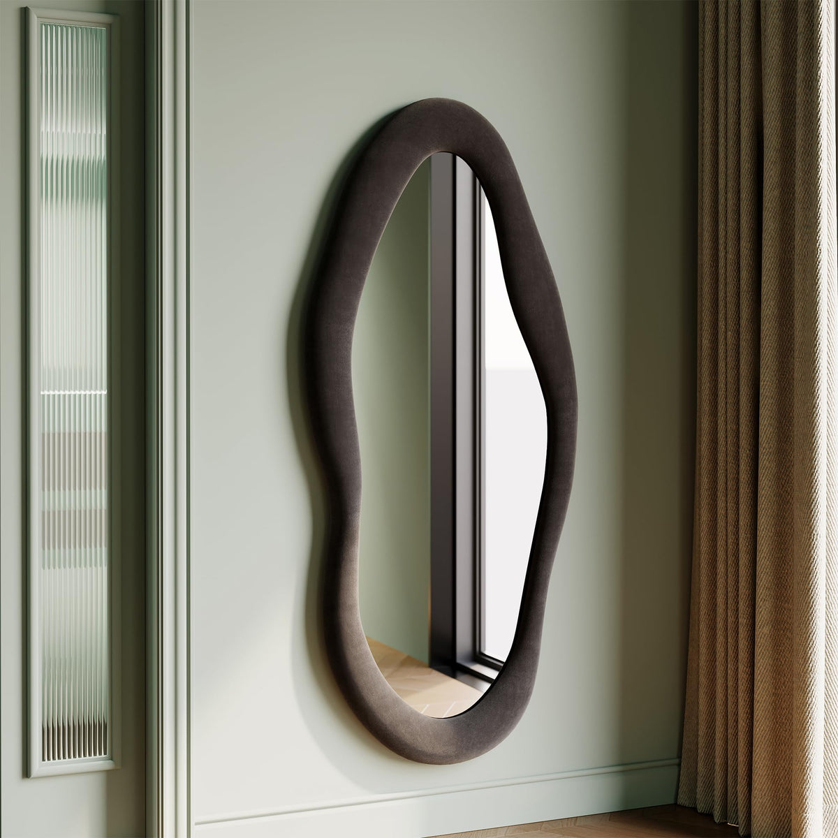 Honyee 55'' x 24'' Wall Mirror, Flannel Wrapped Wooden Frame Wavy Mirror, Irregular Mirror Hanging for Cloakroom/Bedroom/Living 