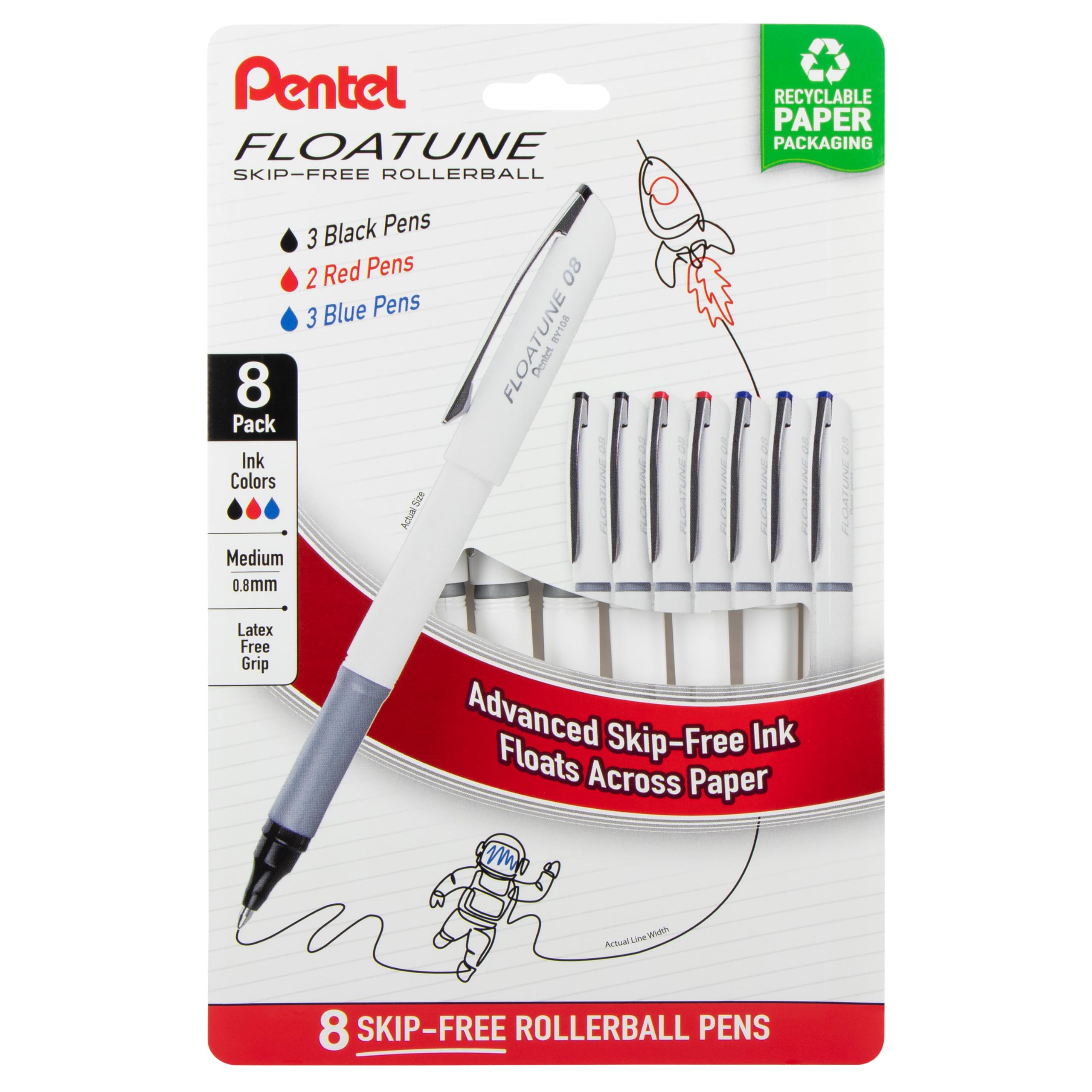 Pentel Floatune Rollerball Pen, (0.8Mm), Medium Point, Black/Blue/Red Ink, Pack Of 8 Pens (By108Pf8Ofc)